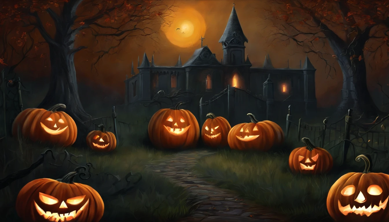 Spooky fantasmas, calabazas y calaberas, Estilo pintura arte, Dark Gothic style.