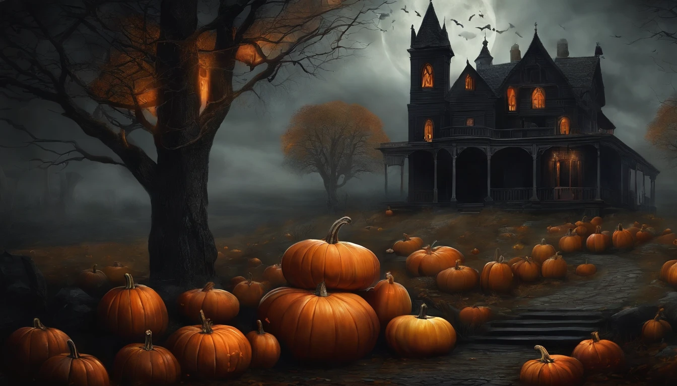Spooky fantasmas, calabazas y calaberas, Estilo pintura arte, Dark Gothic style.