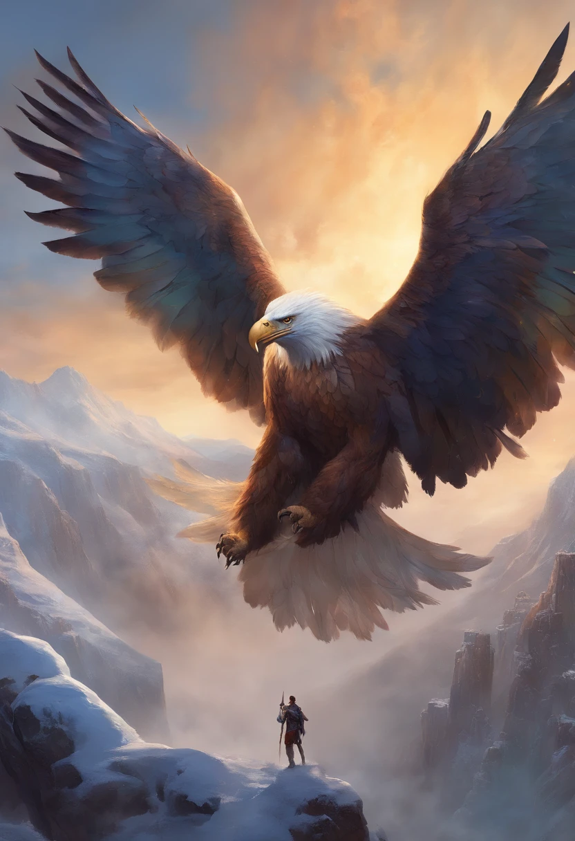 no meio da floresta nevada, cercado por montanhas nevadas, A giant eagle carrying a man on its paws, obra prima, pose dinamica, ultra realista, magic the gathering