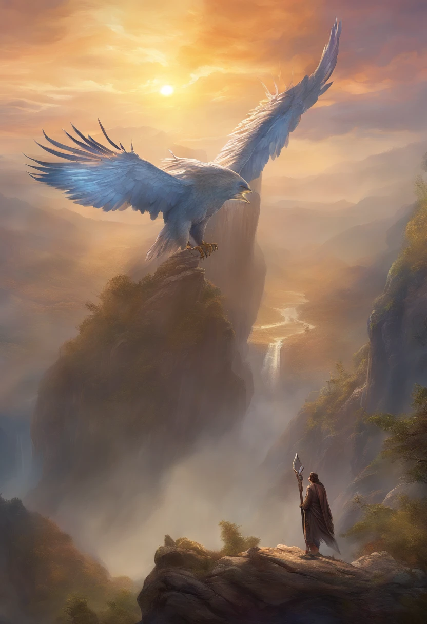 no meio da floresta nevada, cercado por montanhas nevadas, A giant eagle carrying a man on its paws, obra prima, pose dinamica, ultra realista, magic the gathering