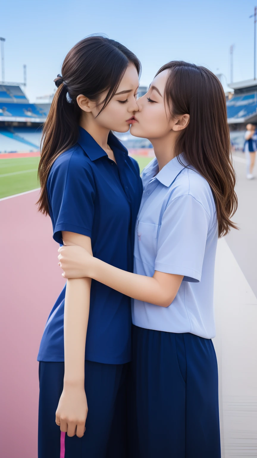 (bestquality,10,10,highres,masterpiece:1.2),ultra-detail,(Realistic,photorealistic portrait,photo-realistic:1.37),1 Cute girl in the football field,oily shiny skin,bara,light smile,BDclothes,((blue shirt:1.3)),short sleeves,Shirt, trousers.,(navy_long_Pants Track:1.1), ((Stadium Background:1.3)),dynamic angle,excited,face focus,Dynamic Poses,from behide,Ass Focus,masterpiece, bestquality, ultra realistic, hyper-detail, 8k resolution, RAW photo, crisp focus, ((Navy blue shirt:1.1)), short sleeves, Long Path, Perfect body, 2 mature women, 18yo, cinematic light,Blue sweatpants,Gymware,Correct anatomy,Complete body, Correct body, sharp face, Anatomically correct body, full entire body, Realistic gestures, long-haired, Realistic poses,Wear long shorts..,Long leg span,Shapely,Sculpting Girl, 2 girls kissing each other, Realistic kissing, mannequin mannequins, Hourglass puppet, Shapely, Beautiful body