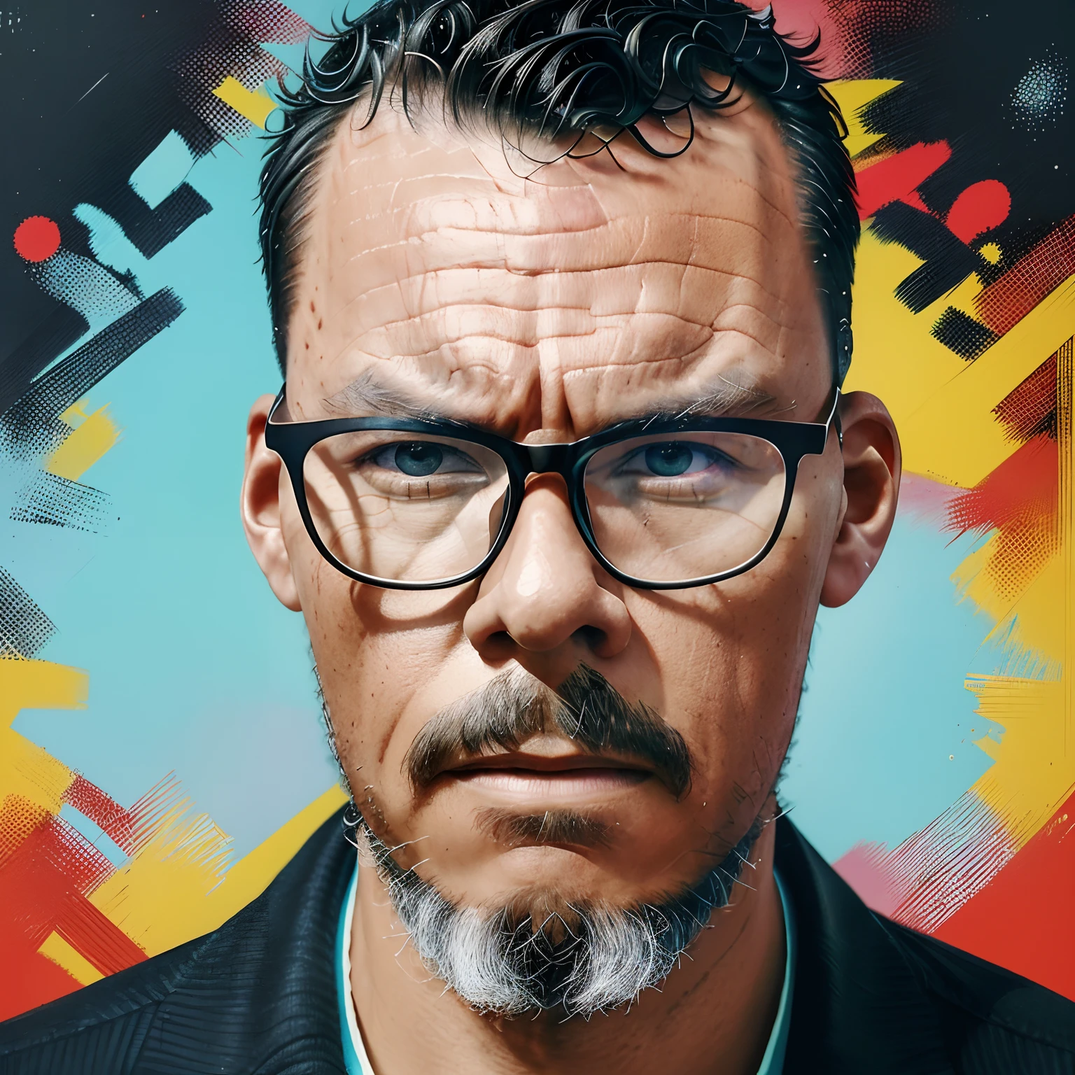 guttoépico2, Create a splash art of a man with glasses, com detalhes impressionantes, inspirado no estilo do artista Alex Konstad. Be sure to capture the essence of Konstad's style, with attention to detail and realism in the depiction of the man's face and glasses.