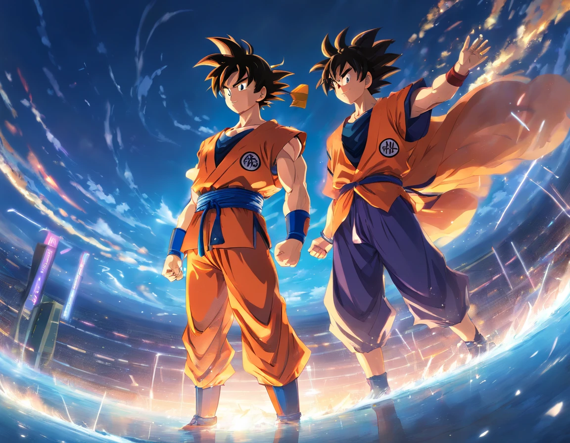 "Goku and Okuyasho merged in an epic, Imagen detallada. Mastery in quality and lighting. Paisajes impresionantes e impactantes. Dynamic and powerful action. Efectos de sombras y luces mejorados. High-resolution masterpiece. State-of-the-art CG art. Incredible and immersive result.+"
