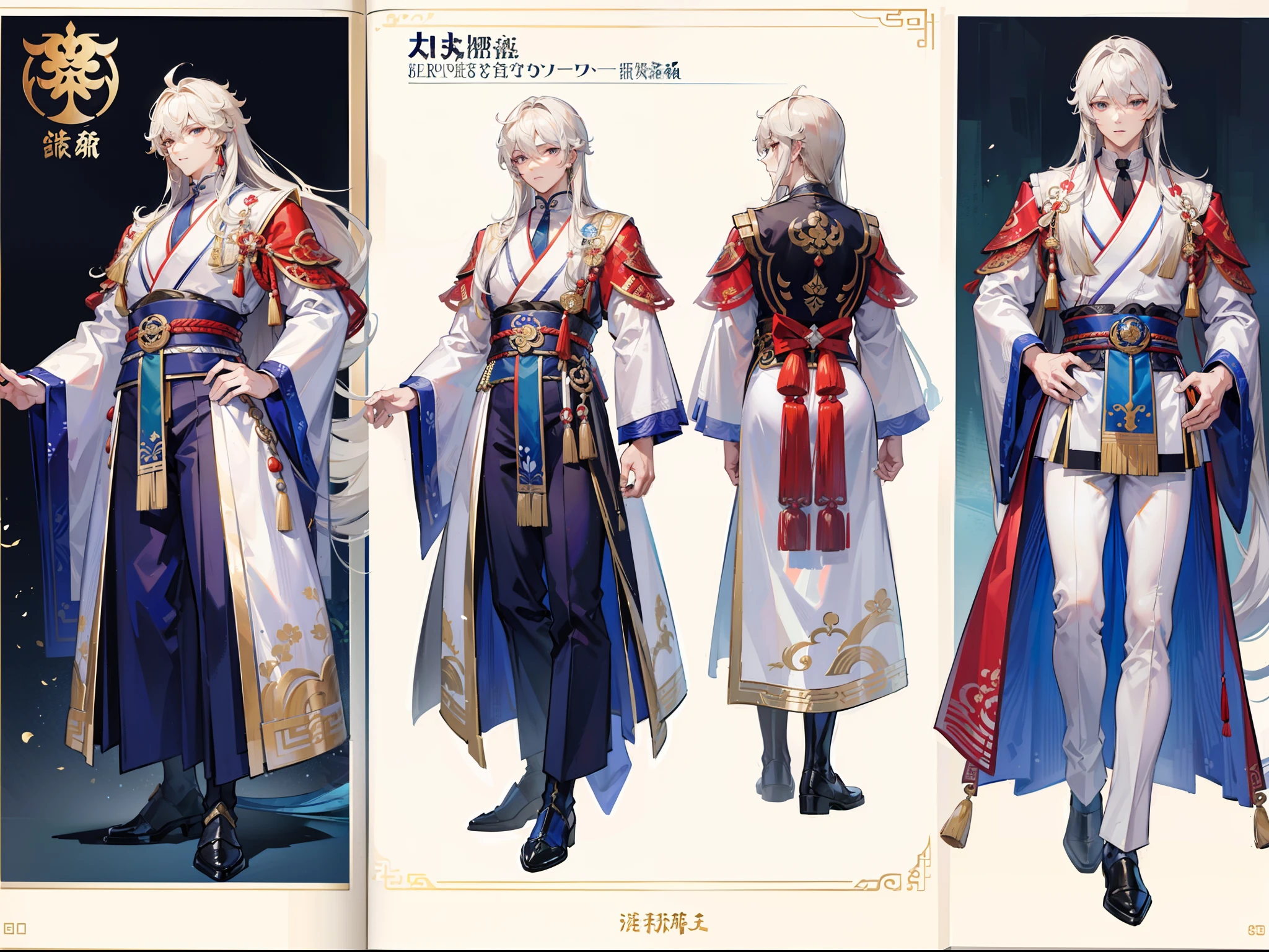 ((Masterpiece, Highest quality)), Detailed face, character design sheet， full bodyesbian, Full of details, frontal body view, back body view, Highly detailed, Depth, Many parts, Muscle boy with white long hair，handsome man, Traditional chinese clothes, Genshin Impact, man tall