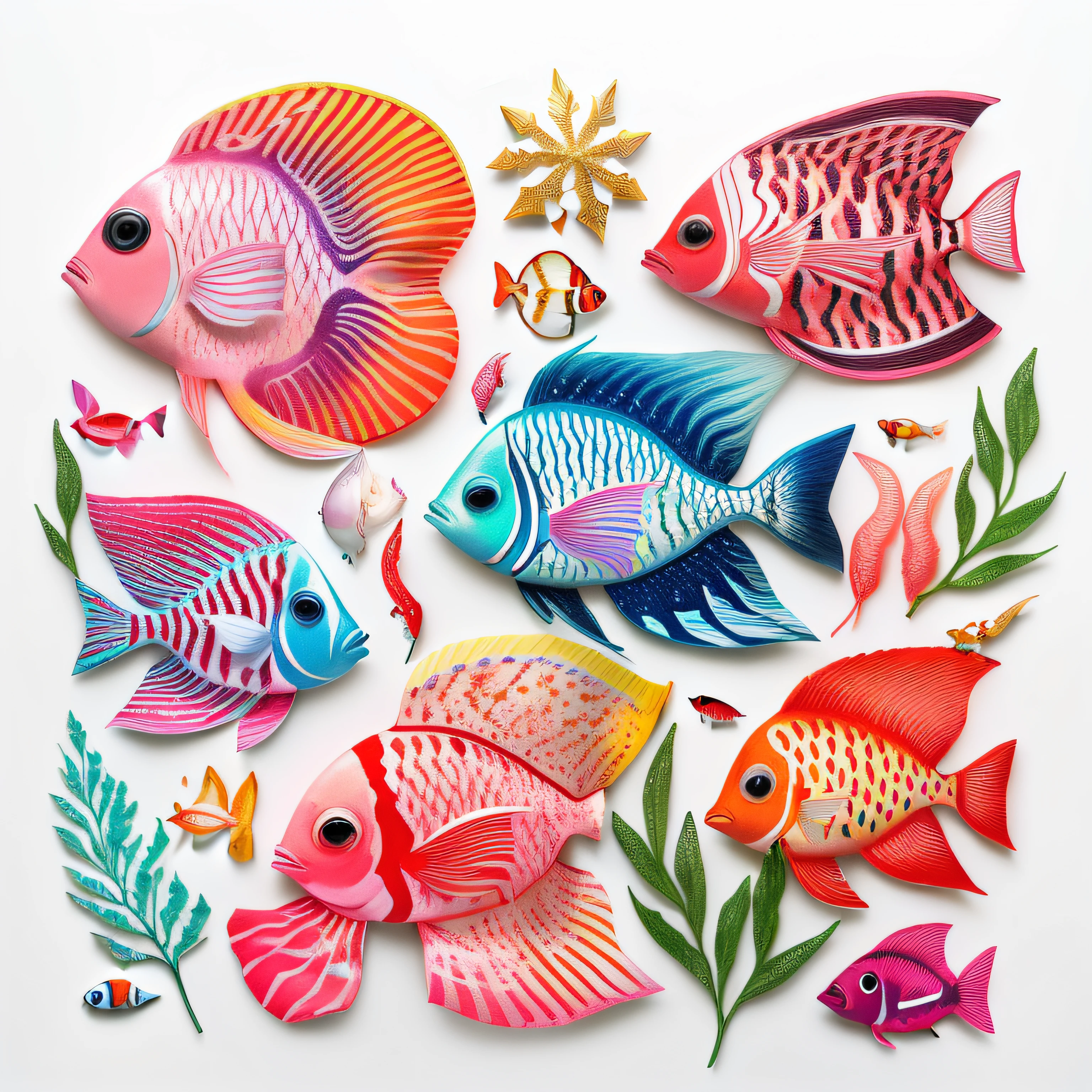 a close up of a group of colorful fish on a white surface, fishes, colorful fish, jane newland, tropical fish, paper art, school of fishes, jewel fishes, by Andrée Ruellan, by Nancy Graves, by Zofia Stryjenska, by Lee Loughridge, school of fish, by Paul Feeley, fishes swimming