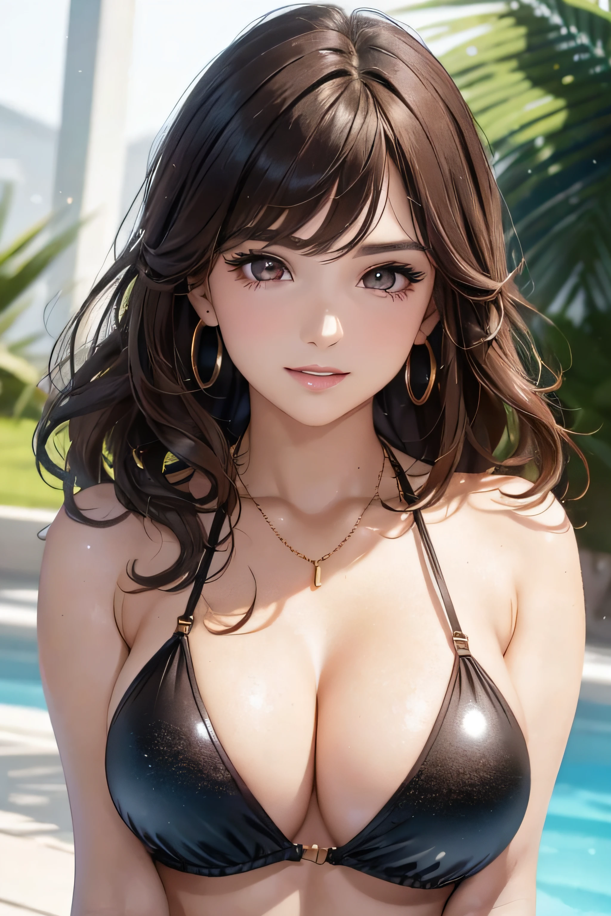 (A photo of upper body), Beatiful face, Highly detailed face and skin texture, (Detailed eyes), Brown eyes, Double eyelids, Fine eyebrows, Glitter eyeliner: 1.2, Natural cheeks, Glowing skin, Fair skin, ((swimsuit without cleavage)), Shiny necklace and earrings, (Shiny lips: 1. 4), (Seductive smile), (20 years old), (Wavy hair, Brown hair, Diagonal bangs), Medium long hair, ((Upper body shot)), ((Focus on chest and face)), Medium large breasts, Upturned Breasts.