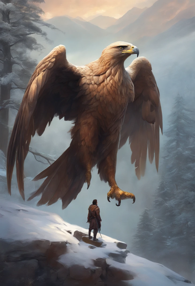 no meio da floresta nevada, cercado por montanhas nevadas, A giant eagle carrying a man on its paws, obra prima, dinamic poses, Ultra realista, Magia do Encontro