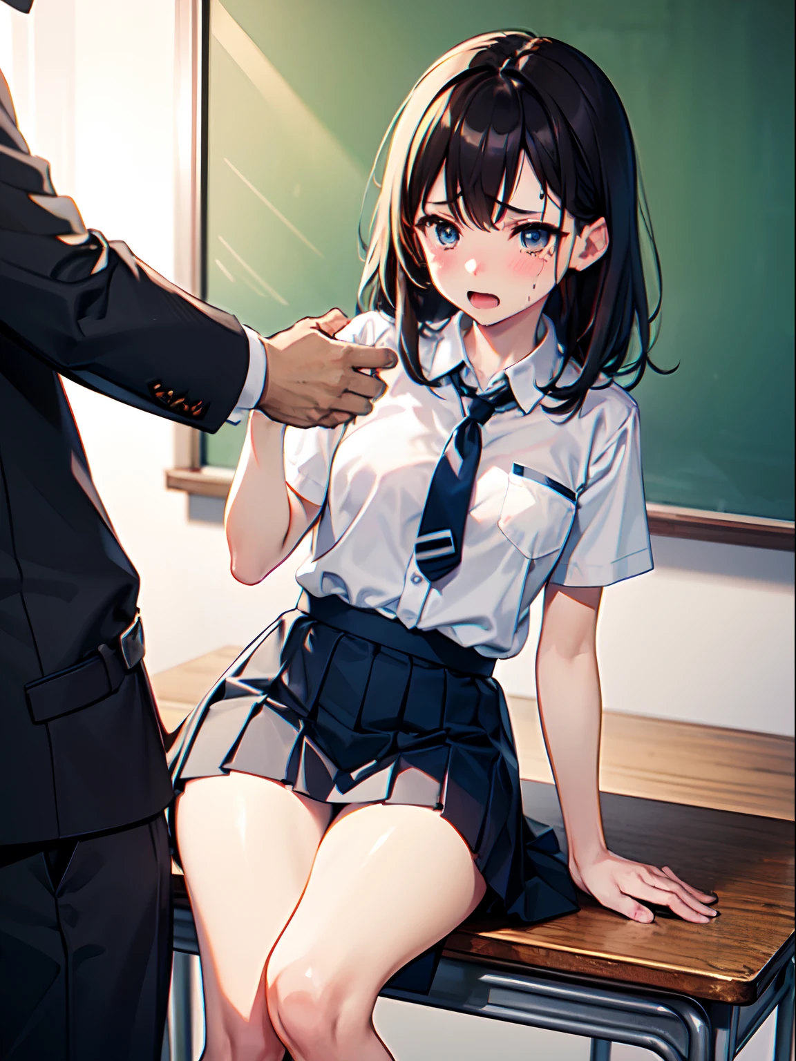 NSFW,top-quality、ultra-detailliert、masterpiece、realisitic、Photo Real、 1girll、1 boy、(Being touched by a man:1.5),(A man strokes the crotch of a girl),perfect hand、Detailed finger、Beautiful detailed eyes、Schoolgirl、japanese hight school uniform、White shirt with short sleeves、red necktie、Dark blue pleated skirt、detailedbackground,Classroom, Reddened face,(weeping:1.2),confused eyes、Leaning on the desk