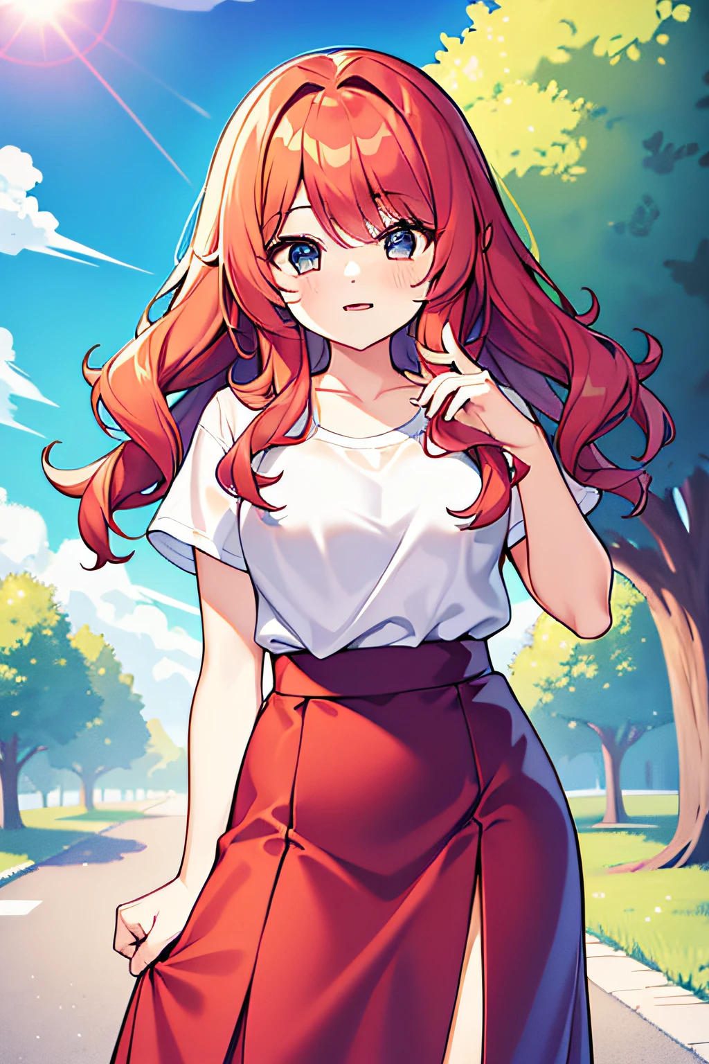 master part, hiper qualidade, 1girl, menina solo, Cabelos dourados claros, olhos vermelhos, ((curly hair)), cabelos longos, sorridente, (Red jumpsuit skirt), babado, meia branca, fofo, Feliz, claro, ao meio-dia, clear sky, com o sol, no Parque, with trees, com flores