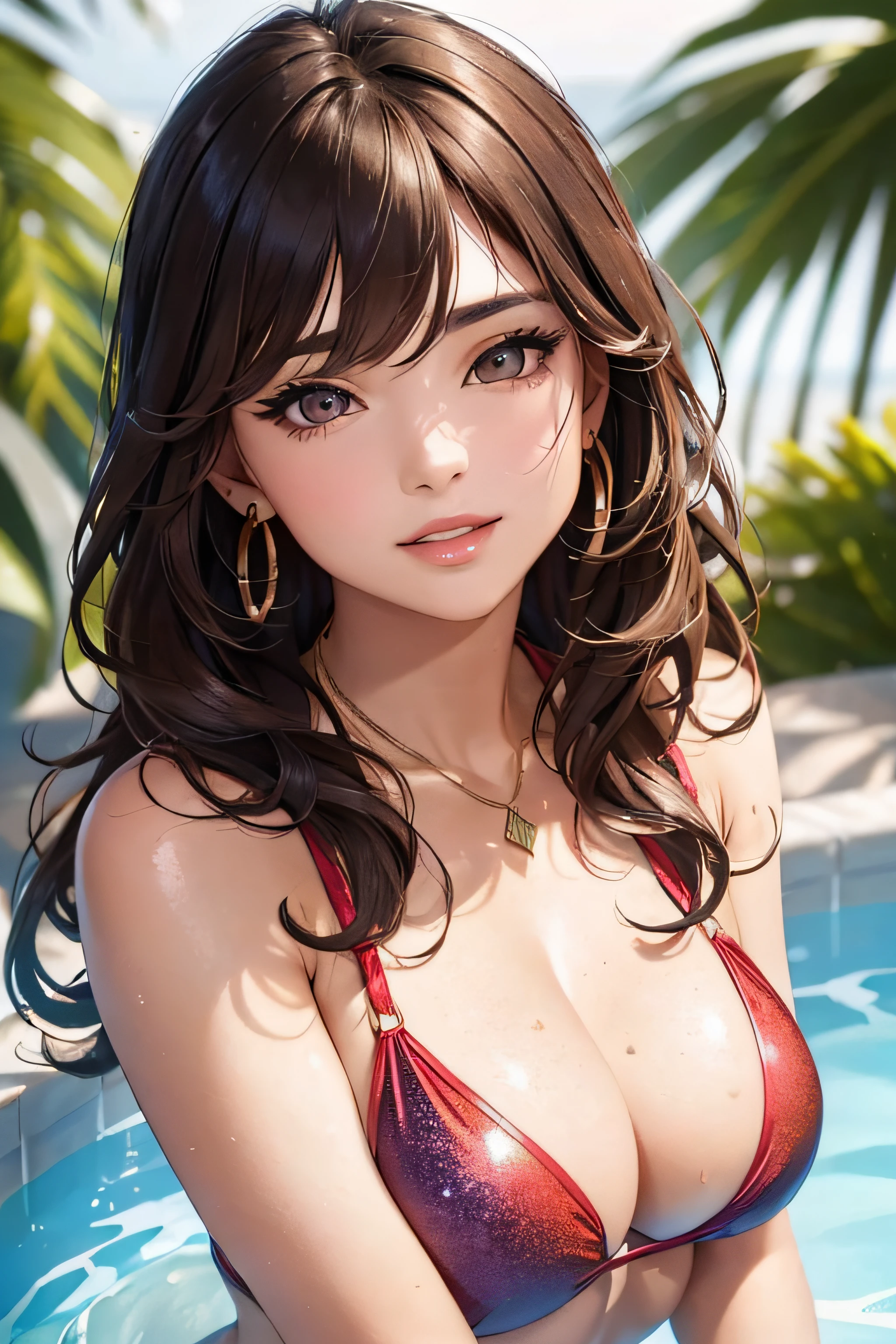 (A photo of upper body), Beatiful face, Highly detailed face and skin texture, (Detailed eyes), Brown eyes, Double eyelids, Fine eyebrows, Glitter eyeliner: 1.2, Natural cheeks, Glowing skin, Fair skin, ((Colorful swimsuit without cleavage)), Shiny necklace and earrings, (Shiny lips: 1. 4), (Seductive smile), (20 years old), (Wavy hair, Brown hair, Diagonal bangs), Medium long hair, ((Upper body shot)), ((Focus on chest and face)), Medium large breasts, Upturned Breasts.