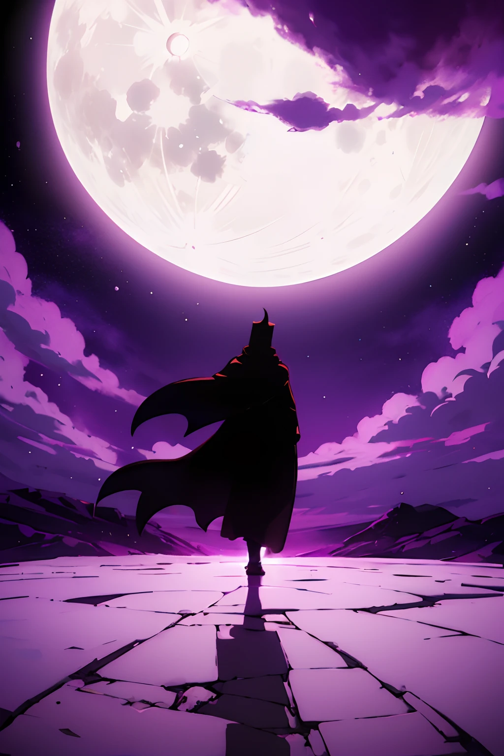 Very dark silhouette with a black cape standing, the white moon in the sky, an purple aura is around the Silhouette.