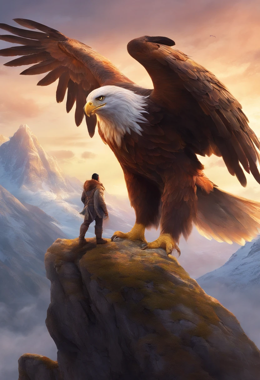 no meio da floresta nevada, cercado por montanhas nevadas, A giant eagle carrying a man on its paws, obra prima, dinamic poses, Ultra realista, Magia do Encontro