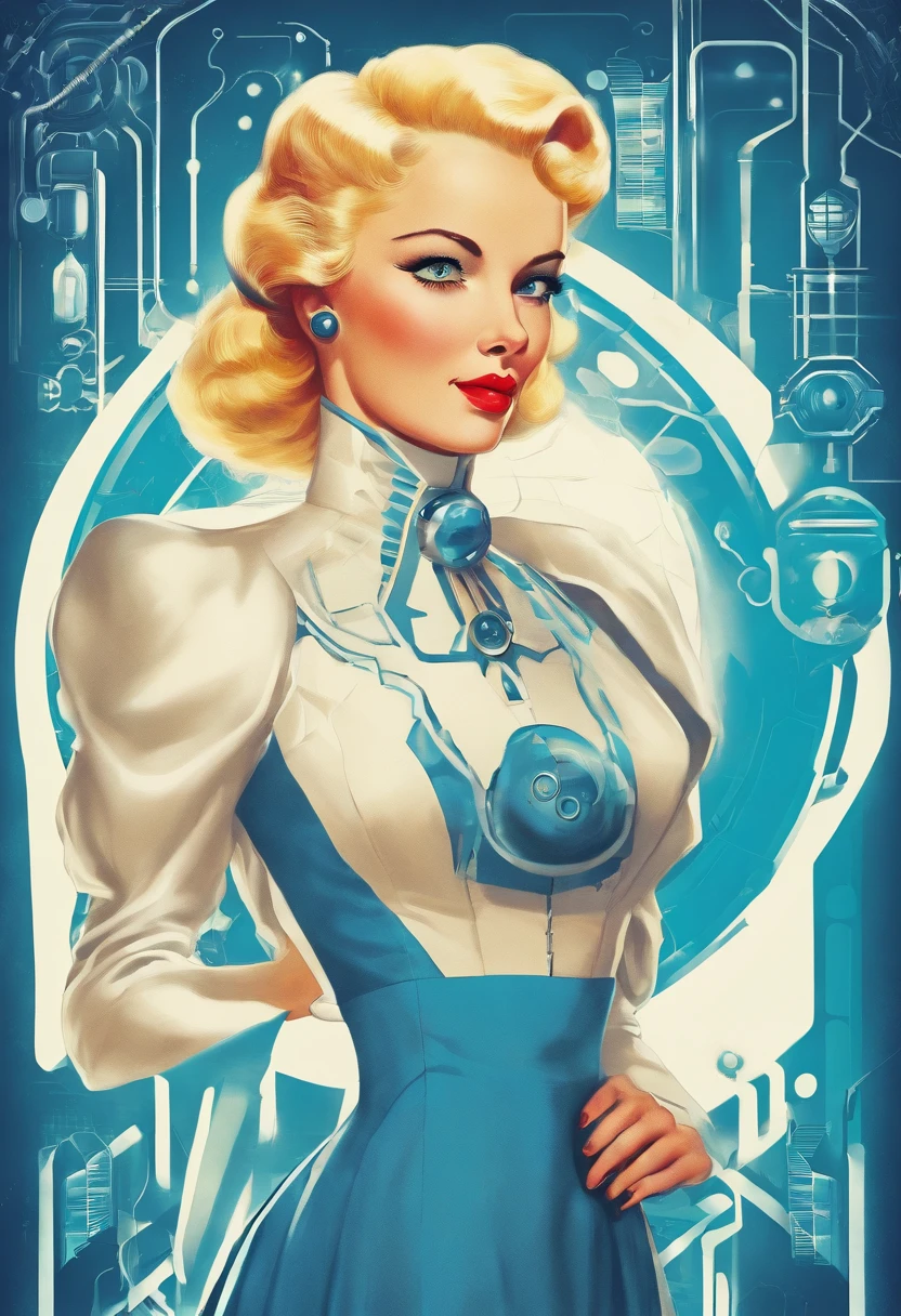 A stunningly beautiful but frustrated blonde maiden wearing an elegant formal Victorian morning dress of fine blue wool