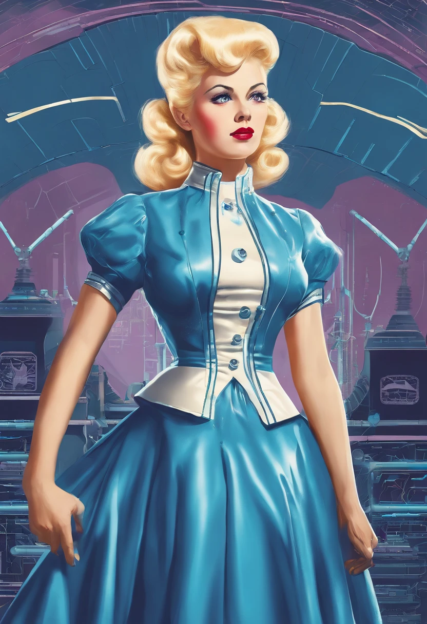 A stunningly beautiful but frustrated blonde maiden wearing an elegant formal Victorian morning dress of fine blue wool