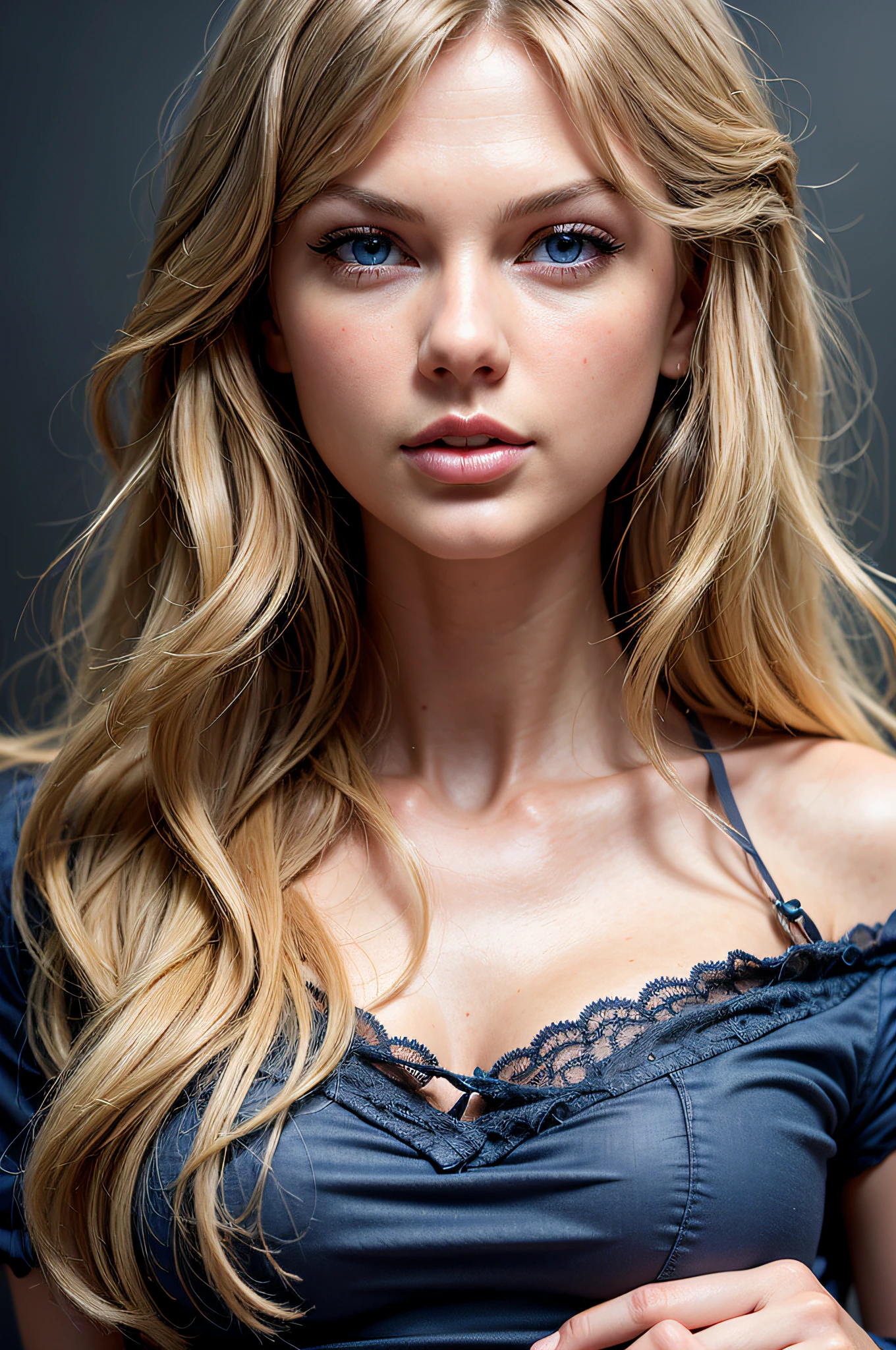 high quality fingers, normal hands, detailed fingers,masterpiece, (realistic, photo-realistic:1.37), taylor swift face, small waist, blue eyes, beautiful face, perfect illumination, beautiful detailed eyes, looking at viewer, stunningly beautiful woman, detailed hairstyle, detailed background,shorts, detailed fantasy background, fit body, long blonde hair