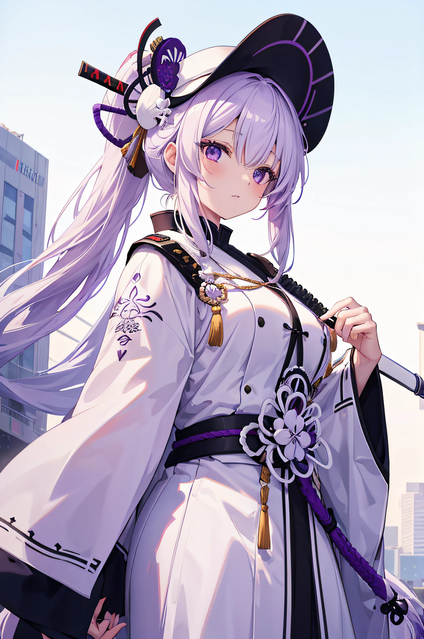 4K.hight resolution,One Woman,White purple hair,Long ponytail,White samurai clothes,White tricorn hat,uni