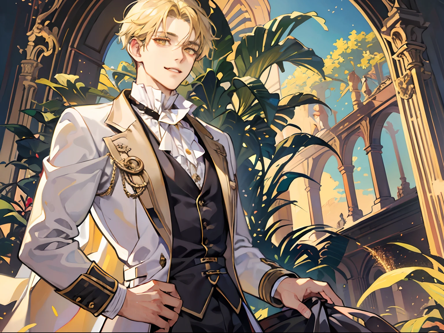 (absurderes, hight resolution, ultra-detailliert),(absurderes, hight resolution, ultra-detailliert), 1 male, Adult, Handsome, tall muscular man, broad shoulders, finely detailed  eyes and detailed face, a blond, Large Baroque mansion of the 18th century, garden, nobles, nobles, Elegant, neat, Graceful, Sunset, Scenery, Smiling upper body, Attractive, yellow Eyes, Vampire Fangs, yellow Eyes