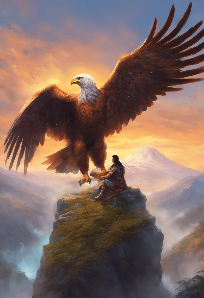 no meio da floresta nevada, cercado por montanhas nevadas, A giant eagle carrying a man on its paws, obra prima, dinamic poses, Ultra realista, Magia do Encontro