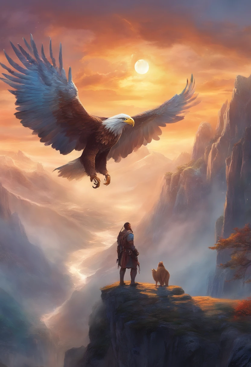 no meio da floresta nevada, cercado por montanhas nevadas, A giant eagle carrying a man on its paws, obra prima, dinamic poses, Ultra realista, Magia do Encontro