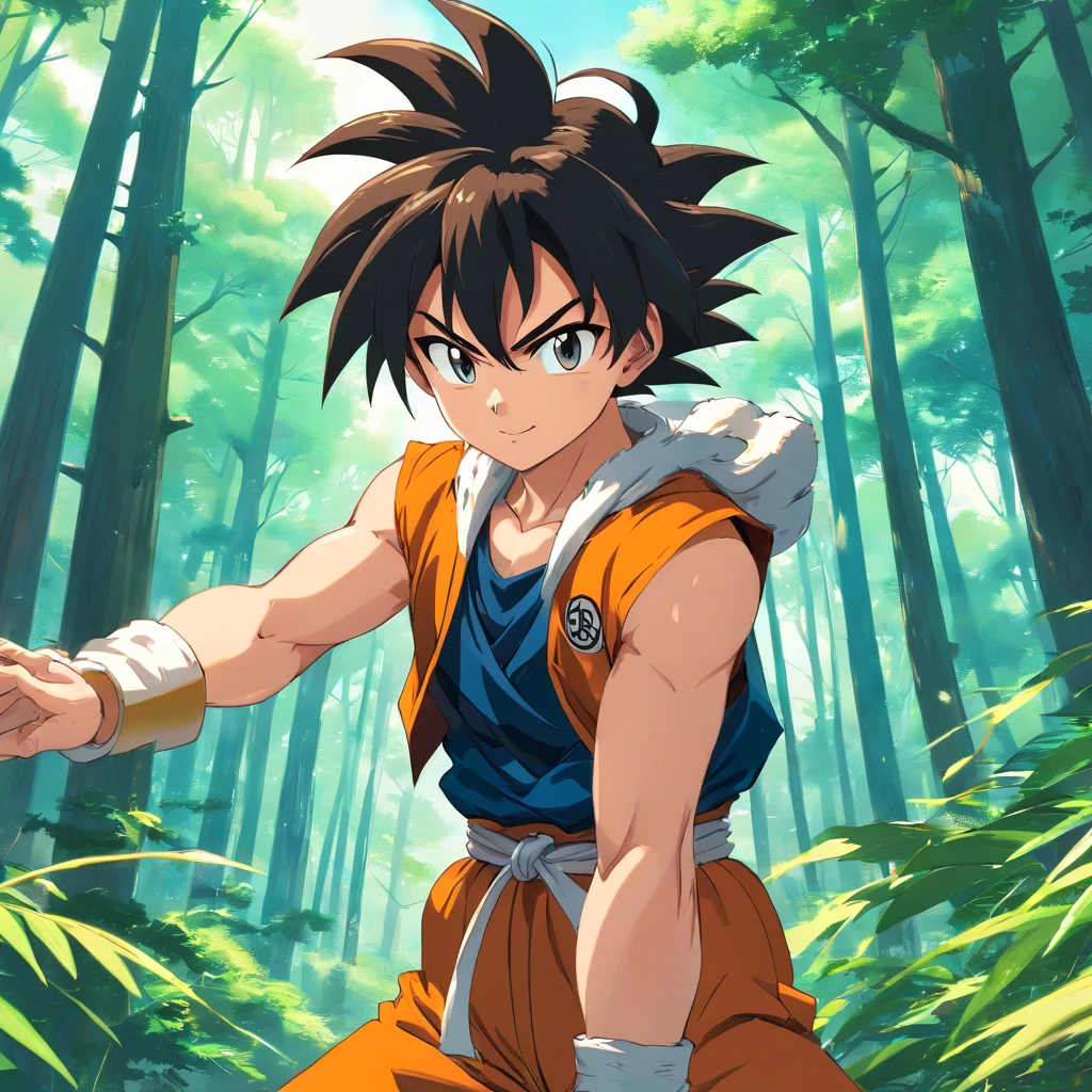 Random Saiyan in a frontal pose right next to the camera, en un bosque, Hecho por Akira Toriyama