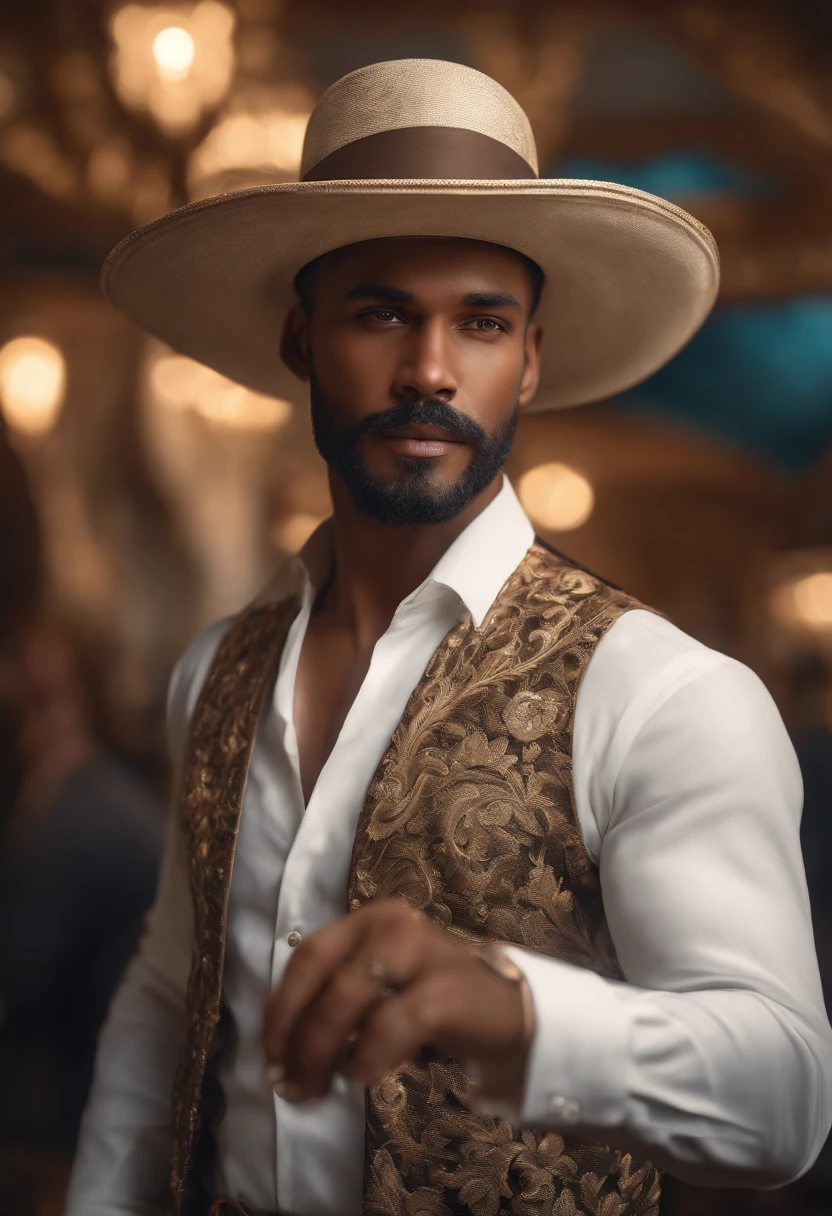 arafed man wearing a hat and a white shirt, Wood-Carving, Ray Traced, insanely detailed and intricate, hypermaximalist, elegant, ornate, hyper realistic, super detailed,(best quality,4k,8k,highres,masterpiece:1.2), ultra-detailed, (realistic,photorealistic,photo-realistic:1.37), HDR, UHD, studio lighting, ultra-fine painting, sharp focus, physically-based rendering, extreme detail description, professional, vivid colors, bokeh, portraits, woodcarving, elegant, hypermaximalist, white shirt, hat, man, background 5 girls dancing