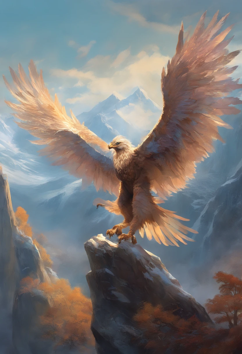 no meio da floresta nevada, cercado por montanhas nevadas, A giant eagle carrying a man on its paws
