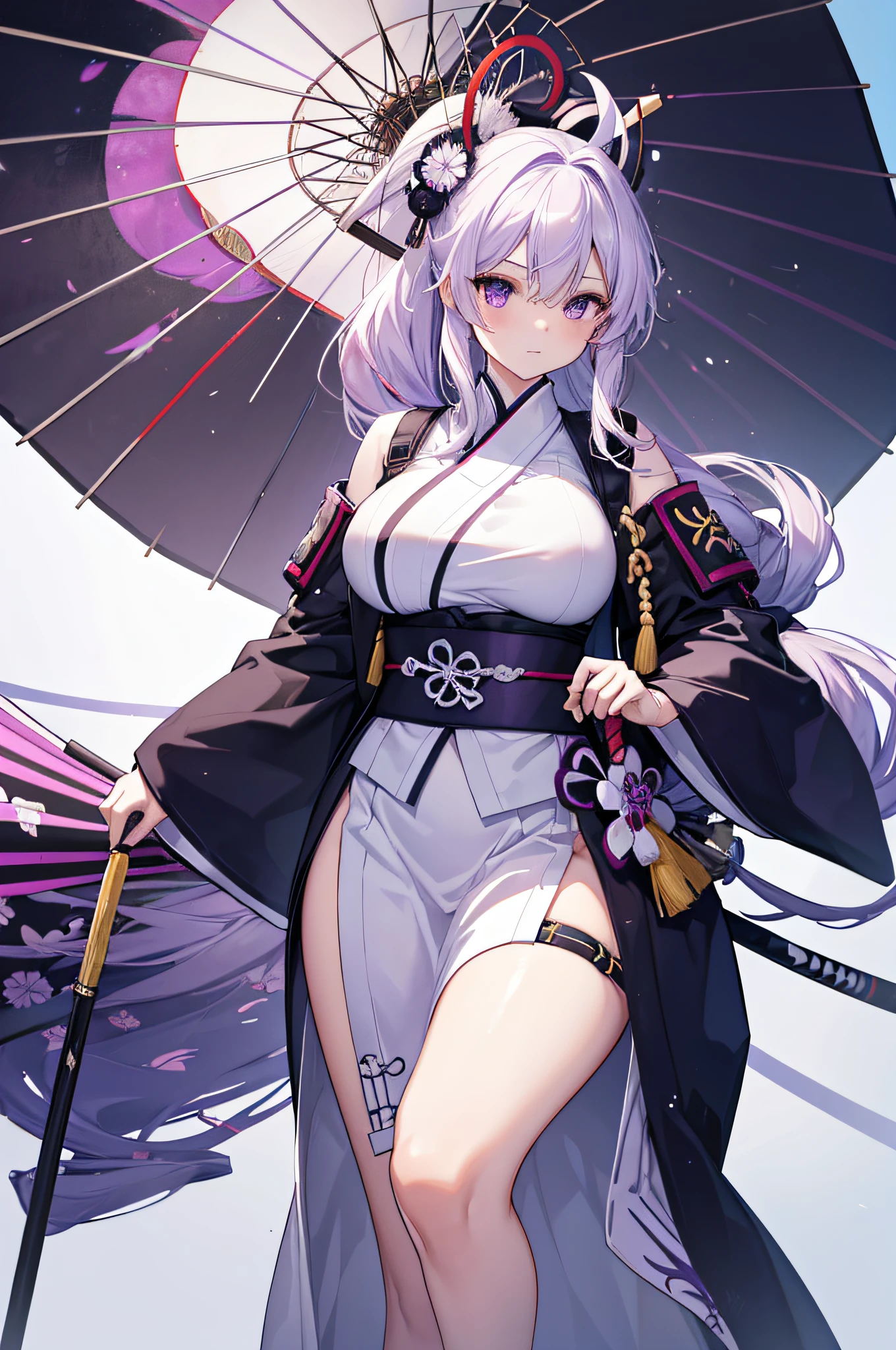 4K.hight resolution,One Woman,slightly white purple hair,Long ponytail,huge tit,White samurai clothes,Right hip,White umbrella cap,uni