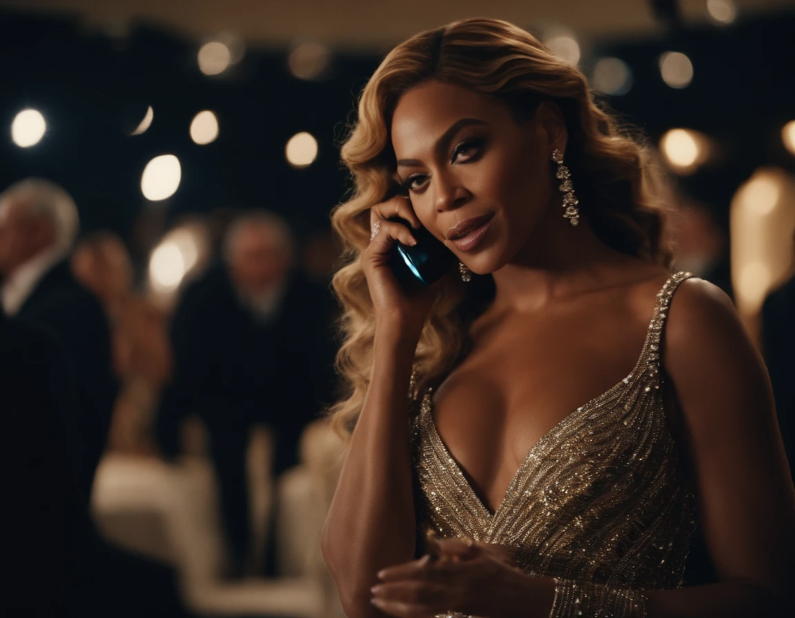Beyonce  talking on the phone, in a gala crystal dress