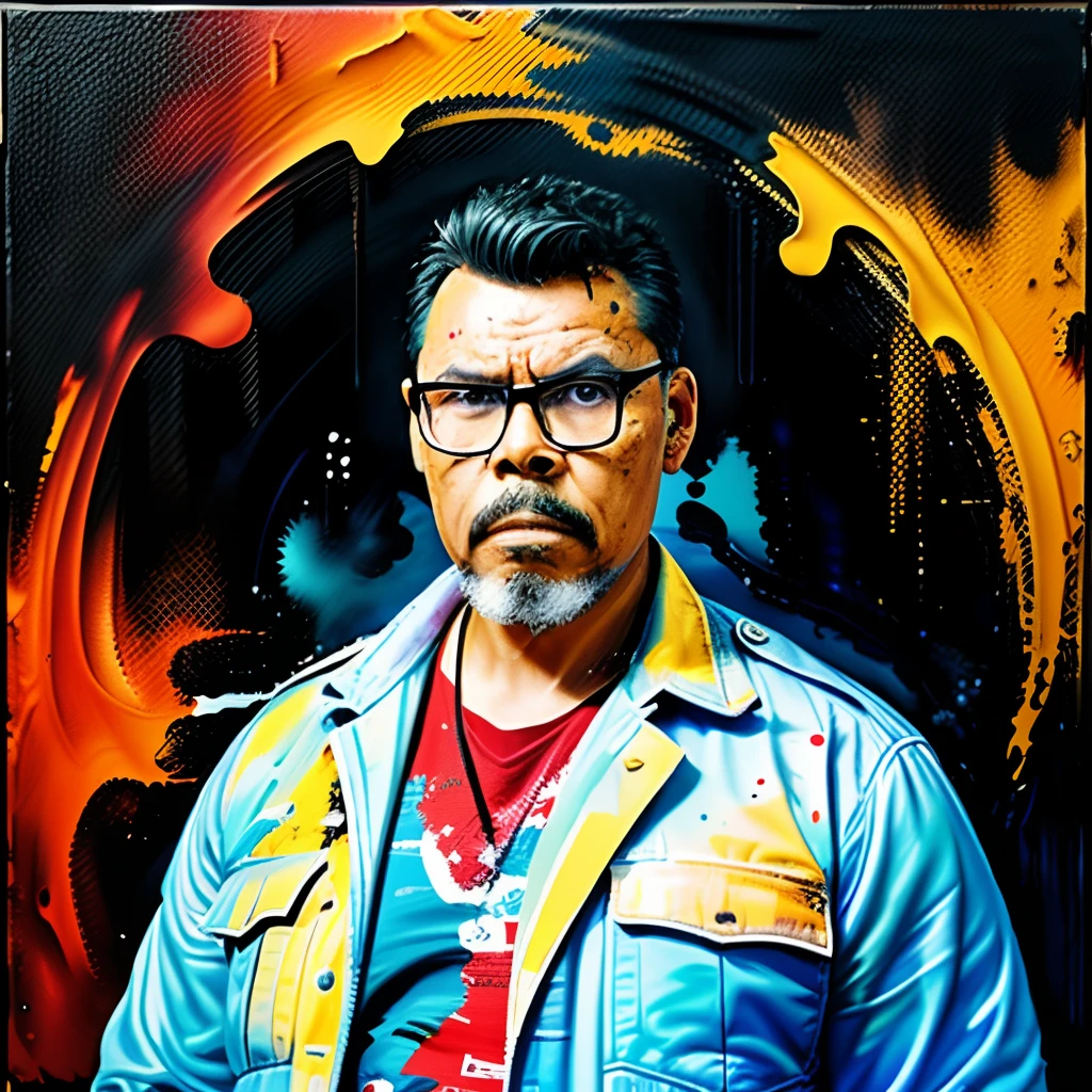 guttoepic2, Detective man using an over all enigmatic, character rendering, model of the highest quality, ethereal background, abstract beauty, explosive volume, oil painting, heavy brushstrokes, drips of paint