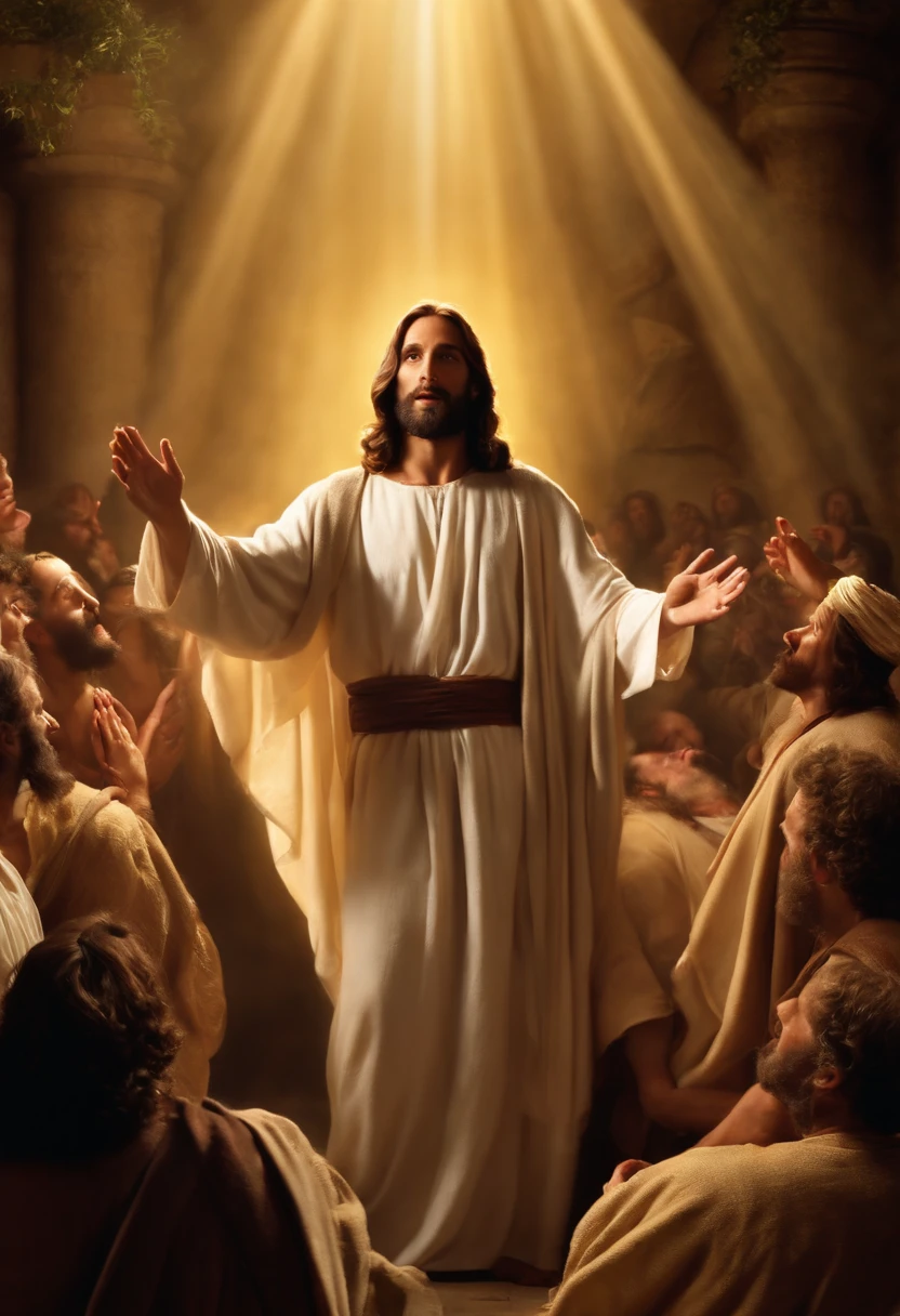 ((best quality)), ((realistic)), Jesus was resurrected, appearing among the apostles. Radiant light filled the room. “Peace be with you,” he said, his faith revived. A sacred moment recorded in eternity, religion, biblical scene, 35mm motion picture film svema 125 color film, Original, 8K, extremely detailed, (photorealistic: 1.4), ((film scene)), high definition,