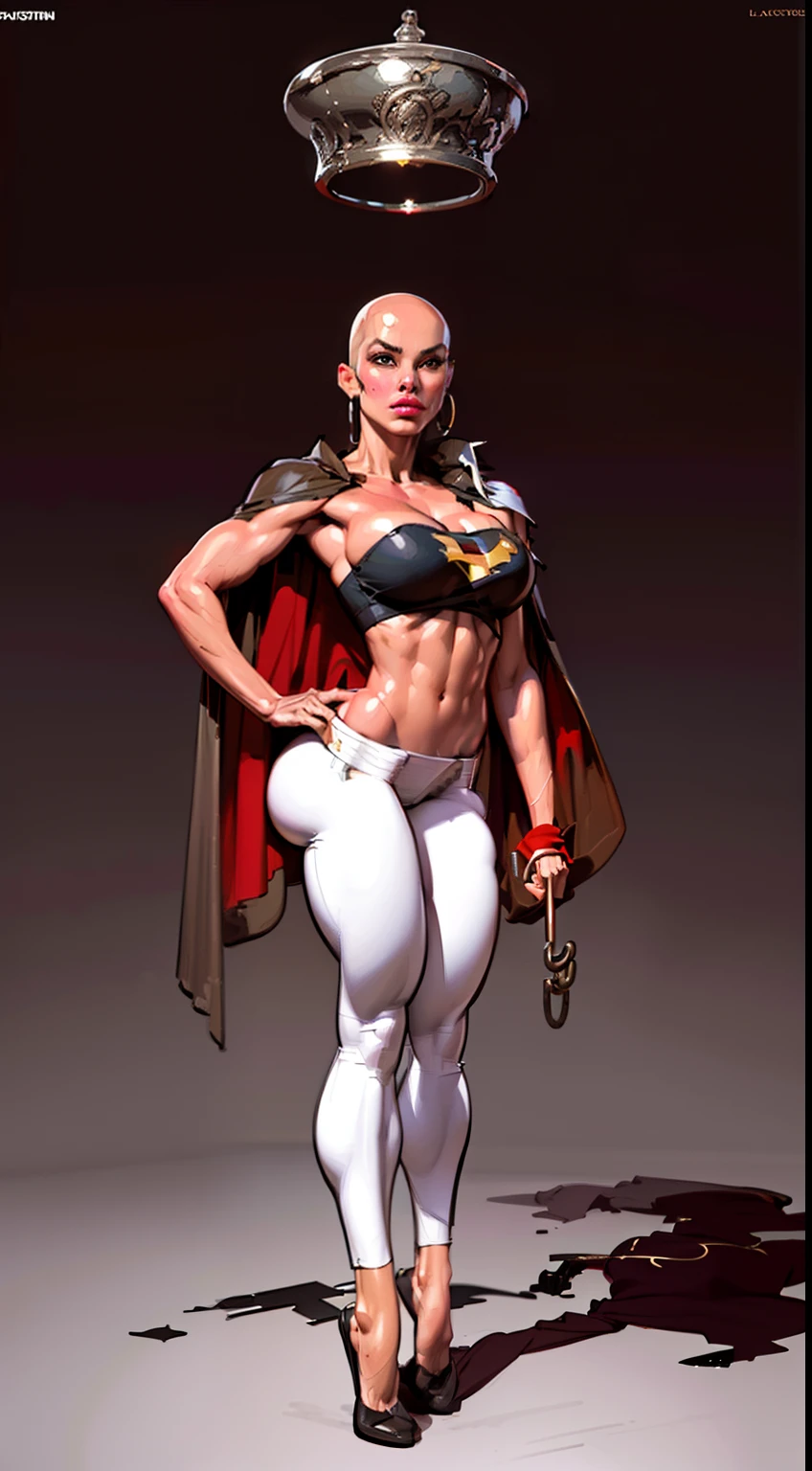 8k ((above view:1.2)), ((full body view:1.3)) (large eyes:1.3), ((strapless tube top:1.6)), ((brown shoulders:1.4)), defined cheekbones, ((the pit style:1.4))((silver tube top:1.6)) ((intricate details:1.4)), ((silver tight pants:1.3)), detailed face:1.5), black skin,(puffy lips:1.5) ((black skin:1.2)), ((bald:1.6)), ((blacl woman:1.4)), (bald woman:1.8), (skinhead) ((sexy pose)),(Muscular:1.3), ((gigantic breasts:1.5)), )highly detailed, Volumetric lighting, baroque oil painting by Greg Rutkowski, Artgerm, WLOP, majestic, digital photography, best shadow, light particles, art by artgerm and ruan jia and greg rutkowski, ((small Red cape:1.5)), (masterpiece), sidelighting, intricate details, (((silver and red color palette)))