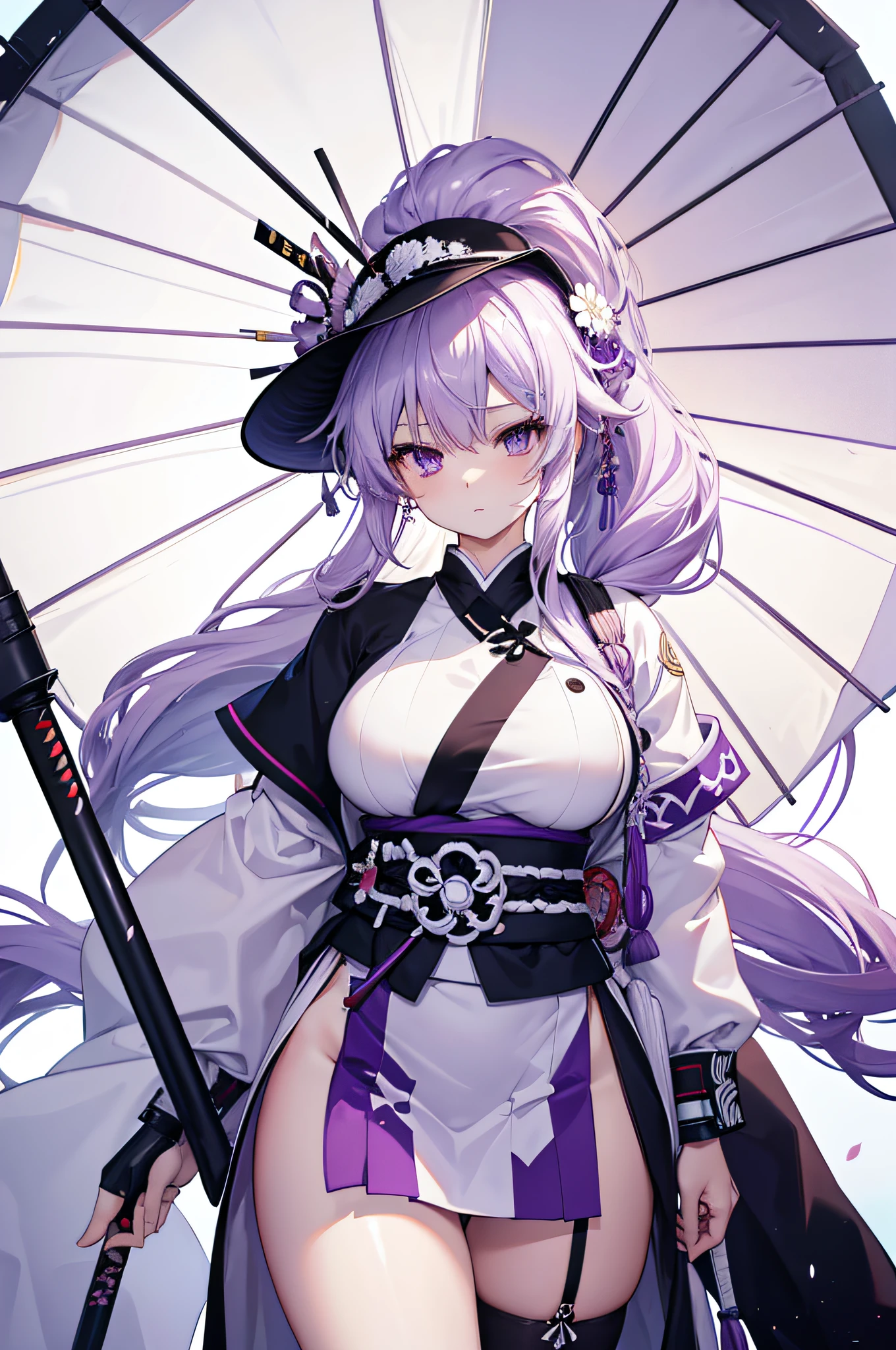 1 girl, tie purple hair, long light purple hair, wide large ronin white hat, gold eyes, white robe, katana, cool and sexy face, white thigh knee sock, white loose short kimono, 8, Sharp face, battlefield, outside, black high-heeled shoe, standing, scarlet, white panty, one person, alone, alcohol, booze, 1 head, 2 hands, 2 legs, lightning, Best quality, masterpiece, 3D, an image of a beautiful female samurai, HDR (High Dynamic Range), Ray Tracing, NVIDIA RTX, Super-Resolution, Unreal 5,Subsurface scattering, PBR Texturing, Post-processing, Anisotropic Filtering, Depth-of-field, Maximum clarity and sharpness, Multi-layered textures, Albedo and Specular maps, Surface shading, Accurate simulation of light-material interaction, Perfect proportions, Octane Render, 8k, high res