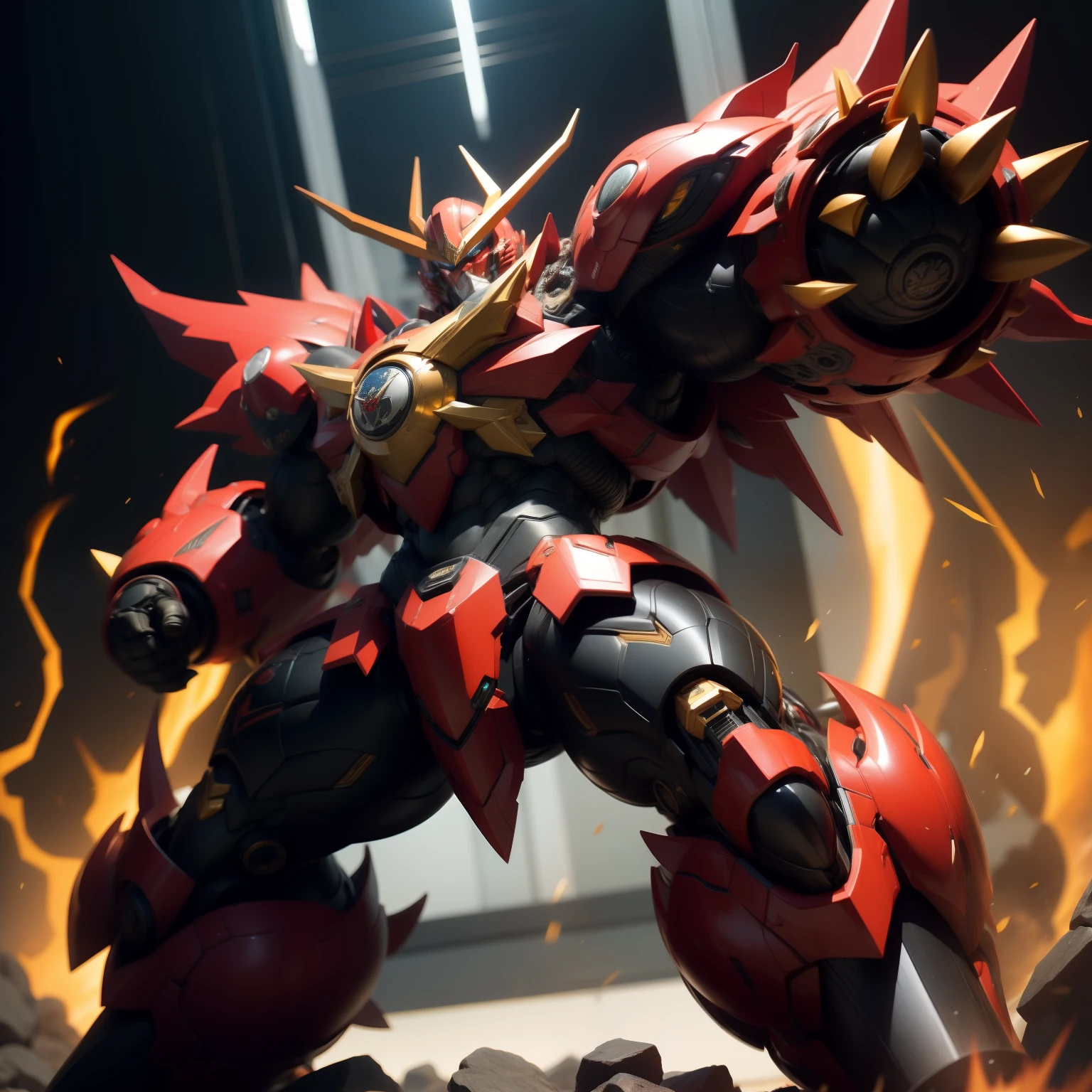 Super Robot、Large limbs、Fighting Pose、Black coloring、Heavy machine、best quality、tattooed、