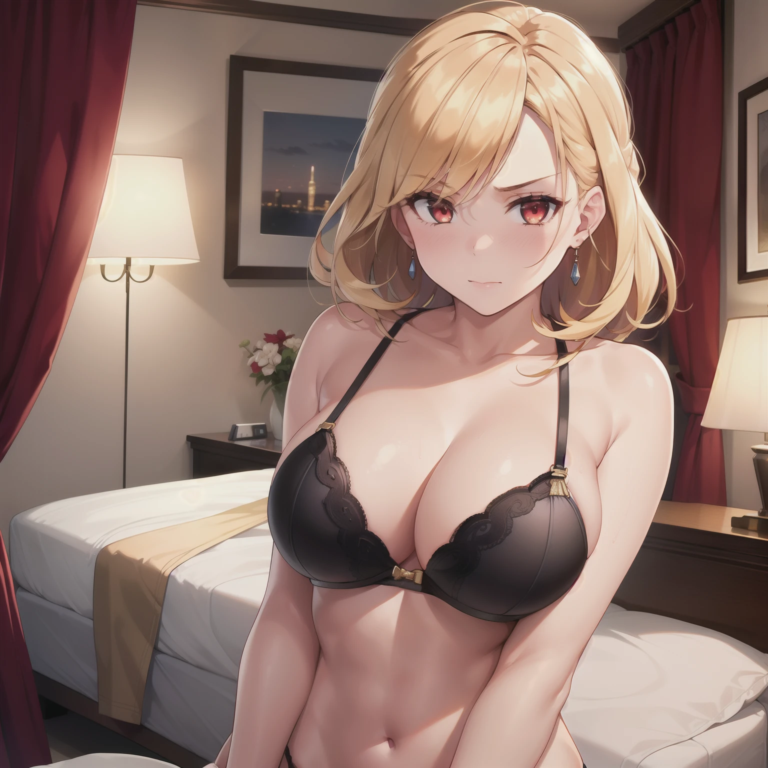1girl,big breasts,hotel room,bed,(8k),
,detailed face,blond hair,red eyes,medium hair,embarassed,shy,high_res, high_definition,battlefield,sexy pose,black sexy lingerie,