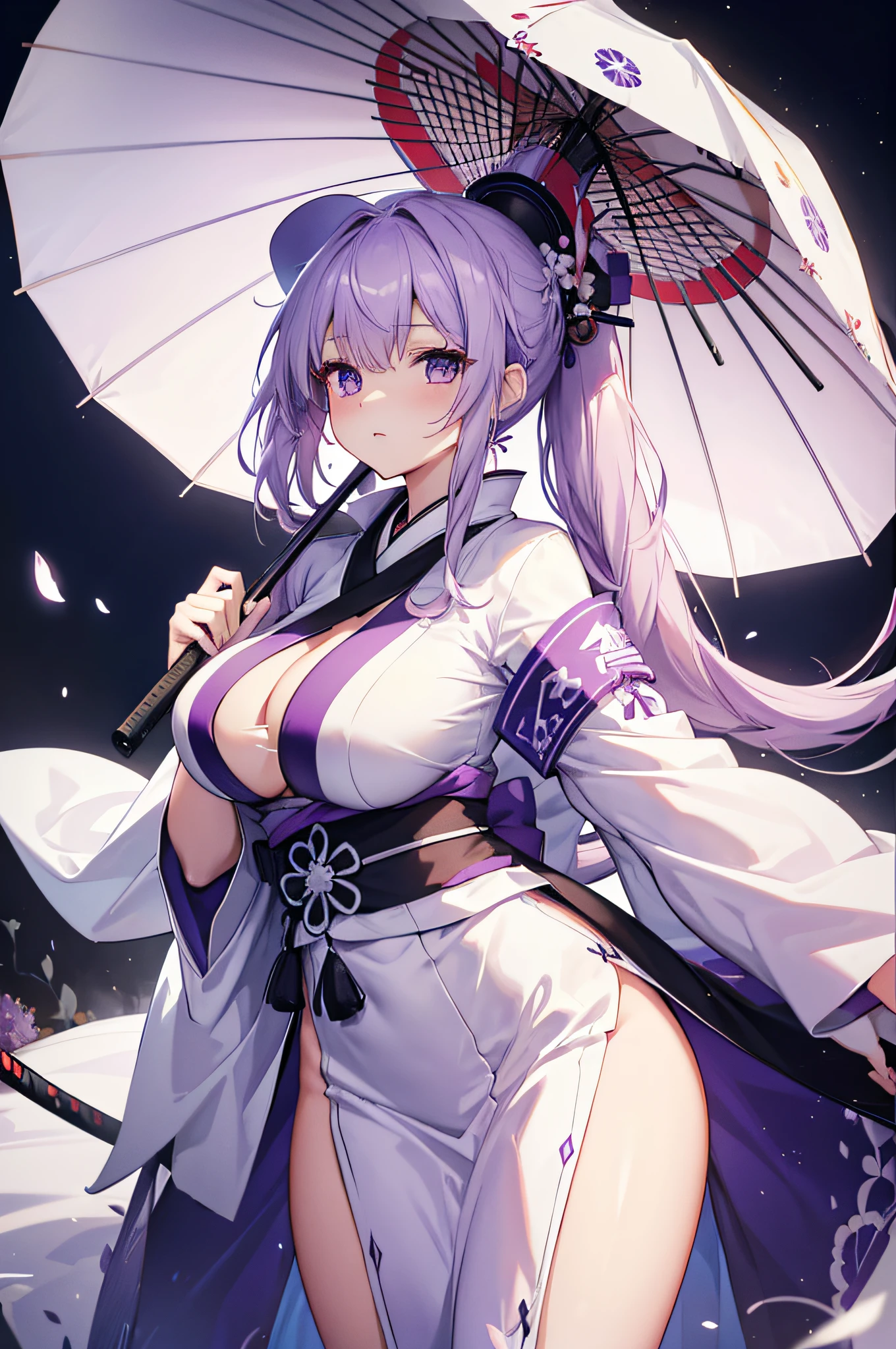 4K.hight resolution,One Woman,slightly white purple hair,Long ponytail,huge tit,White samurai dress,Umbrella hat,uni