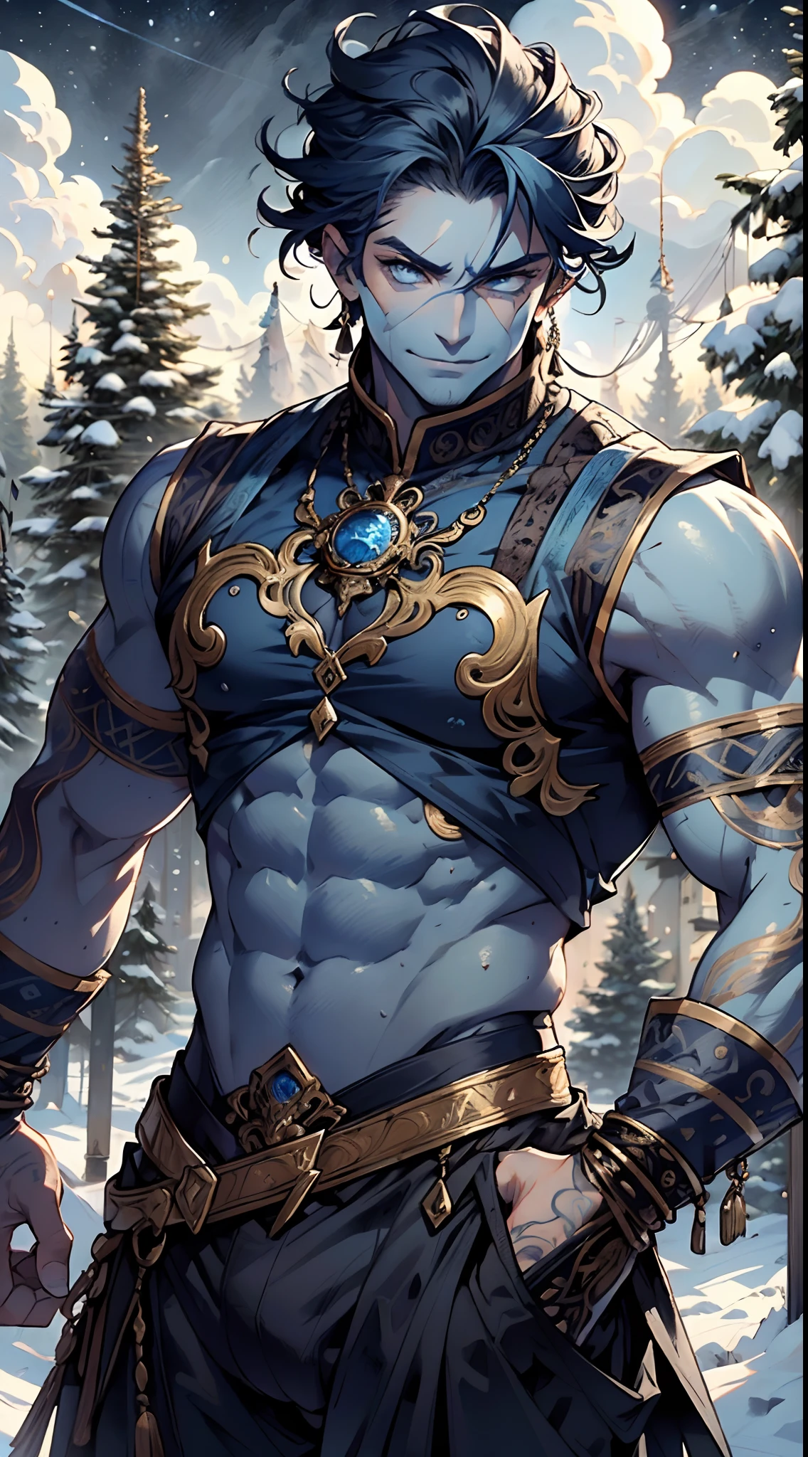 Arabian djinn,(male:1.5), muscle, 1boy, big muscle, pectoral, big pectoral,  muscular, Mature man,45 year old man,adult,1 man, old macho man,perfect body,an extremely delicate and beautiful detailed face, (((blue_eyes:1.3))),intricate eyes,beautiful detailed eyes,symmetrical eyes,short hair,modern very short black hair,djinn hair,perfect face,  perfect proportions, ((detailed face)),musculatureAbs,(bluebeard:1.5)

(((blue skin:1.5,blue body:1.5,blue face;1.5))),

smile,expressive eyes,   

(ultra-detailed:1.3), beautiful detailed glow,  finely detailed, ultra-detailed, 


((body blue war paint)),wearing turban:1.2,wearing a blue silk dhoti, silks draped around his torso, slight smile, bulky, sinewy muscles,((bulge in pants)),(((intricate outfit,intricate clothes,ornate outfit))),

(dynamic pose:1.0),embarrassed,(centered,scale to fit dimensions,Rule of thirds),

((snowy pine forest at night)),with dark stormy clouds,winter,scenery:1.25,((snow forest background)),Christmas tree,

highres,sharp focus,(ultra detailed,extremely detailed),(photorealistic artwork:1.37),(extremely detailed CG unity 8k wallpaper),(((vibrant colors,vibrant theme))),(intricate),(masterpiece),(best quality),