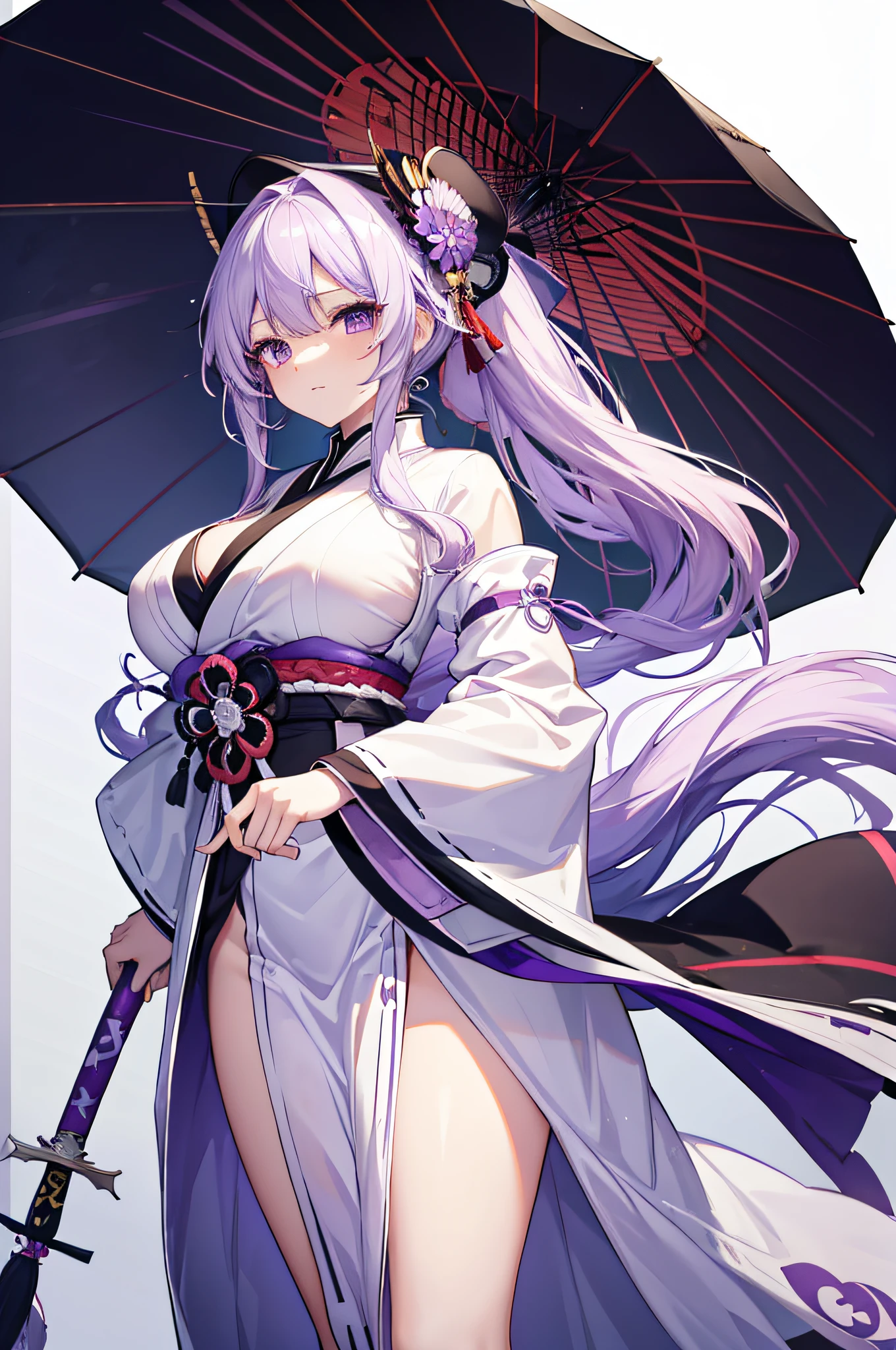 4K.hight resolution,One Woman,slightly white purple hair,Long ponytail,huge tit,White samurai dress,Umbrella hat,uni