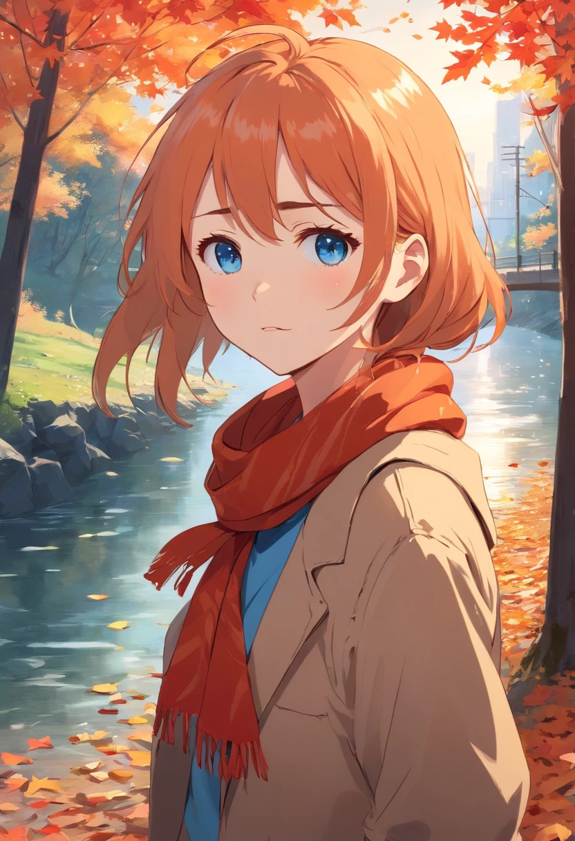 (masterpiece), best quality, ultra-detailed, illustration, warm lighting, soft lighting, bright colors, 1 girl, solo,( beautiful girl, long orange hair, blue eyes, freckles, hair between eyes, hair ribbon, sidelocks, very long hair, messy hair,) , autumn, many maple tree, maple leaves, golden leaves, fall foliage, Dried leaves, river, crisp air,  peace, cool breeze , cool breeze,( red scarf, Moody fall, Wistful, Melancholy, sad ,worried, Longing,), nsfw
