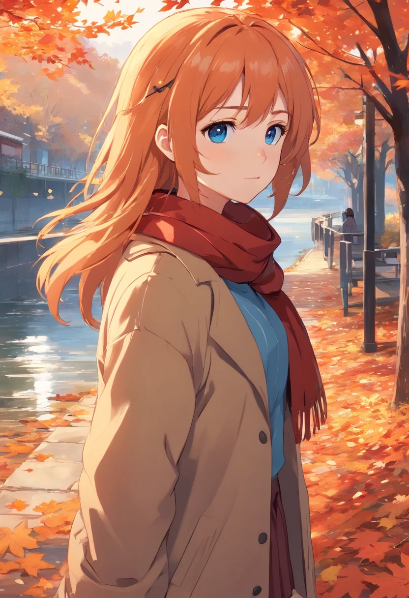 (masterpiece), best quality, ultra-detailed, illustration, warm lighting, soft lighting, bright colors, 1 girl, solo,( beautiful girl, long orange hair, blue eyes, freckles, hair between eyes, hair ribbon, sidelocks, very long hair, messy hair,) , autumn, many maple tree, maple leaves, golden leaves, fall foliage, Dried leaves, river, crisp air,  peace, cool breeze , cool breeze,( red scarf, Moody fall, Wistful, Melancholy, sad ,worried, Longing,), nsfw