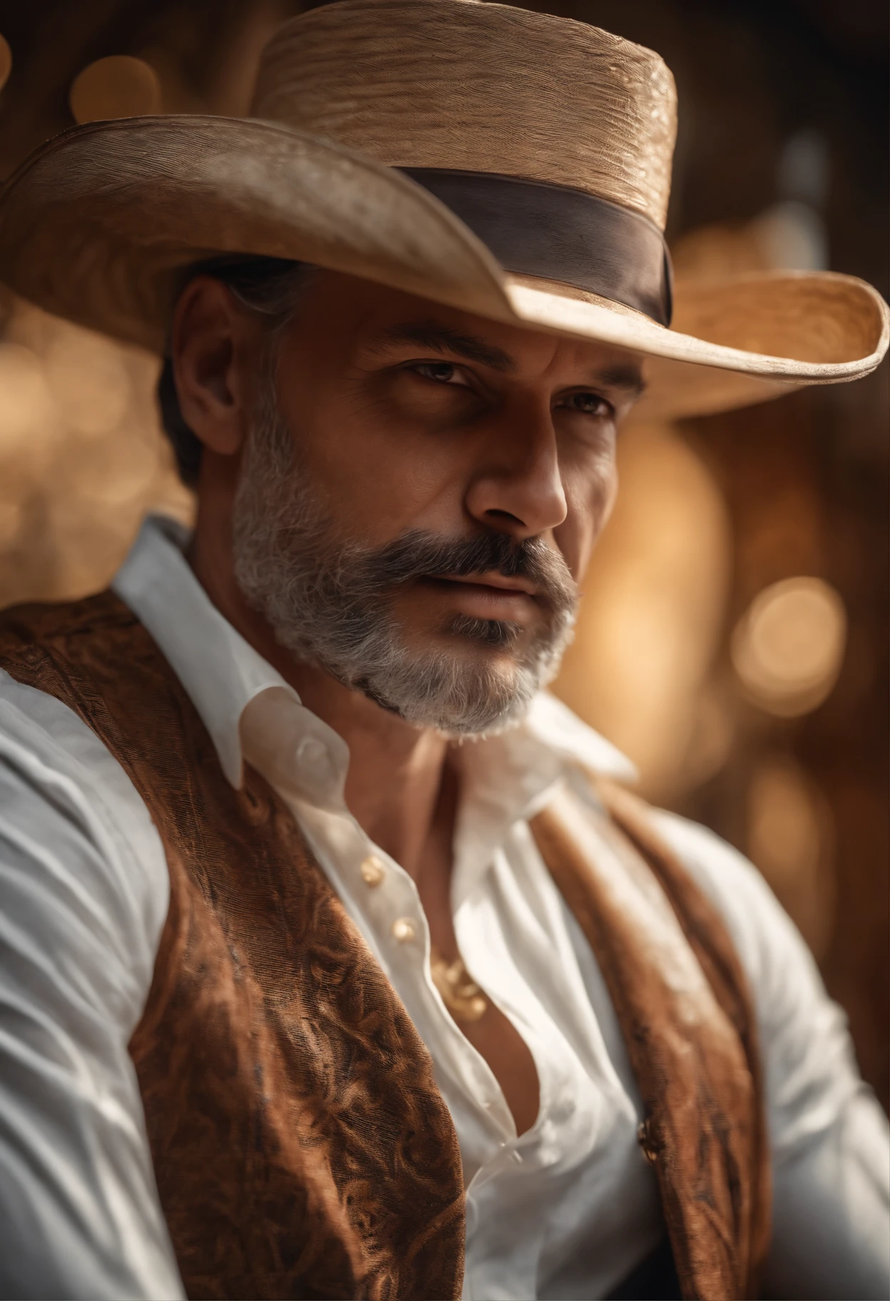 arafed man wearing a hat and a white shirt, Wood-Carving, Ray Traced, insanely detailed and intricate, hypermaximalist, elegant, ornate, hyper realistic, super detailed,(best quality,4k,8k,highres,masterpiece:1.2), ultra-detailed, (realistic,photorealistic,photo-realistic:1.37), HDR, UHD, studio lighting, ultra-fine painting, sharp focus, physically-based rendering, extreme detail description, professional, vivid colors, bokeh, portraits, woodcarving, elegant, hypermaximalist, white shirt, hat, man, background 5 girls dancing
