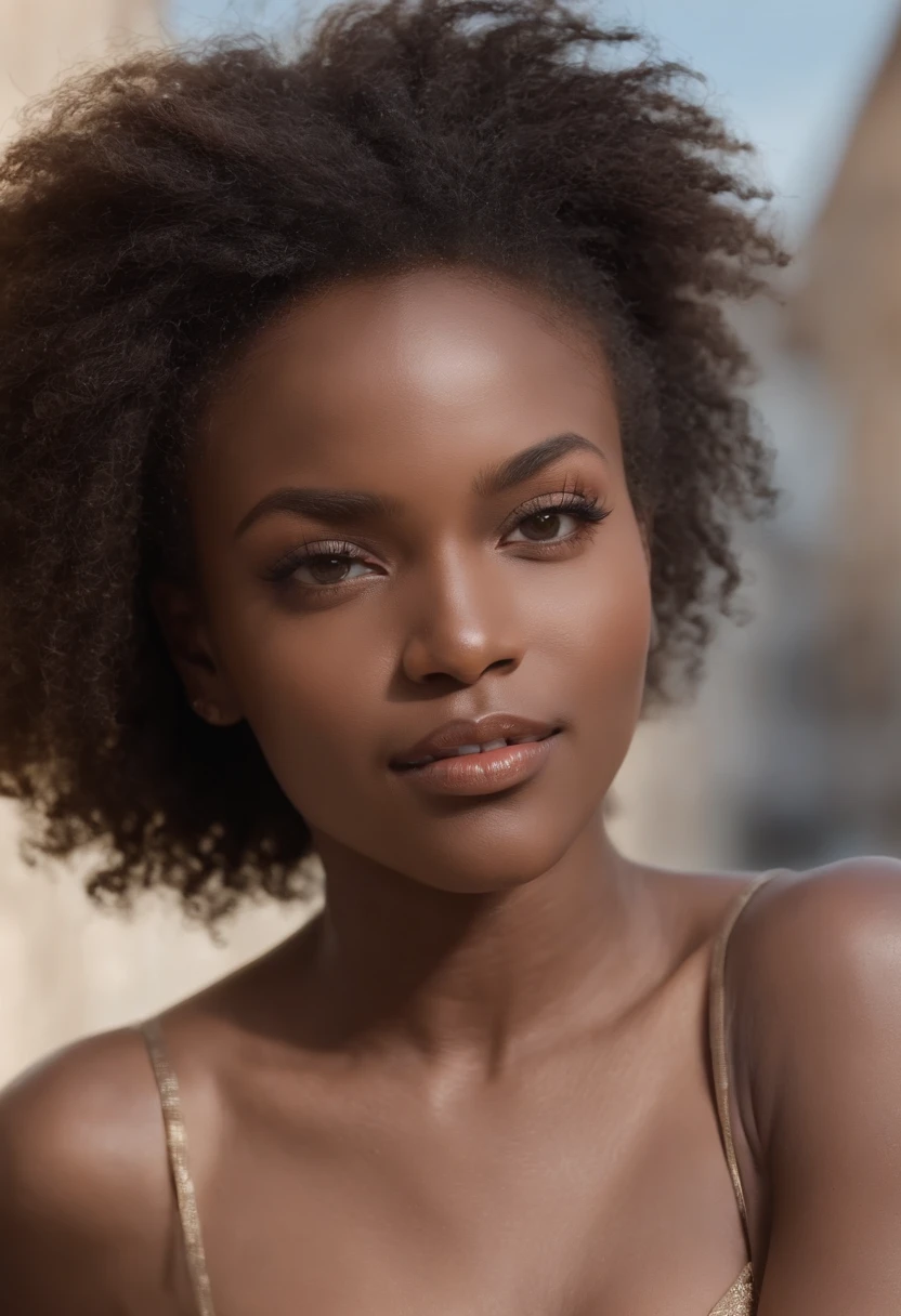 ((Piel oscura africana, very deep ebony skin)), ((Su belleza es innegable)), ((linda cara emocionada)), ((Ojos perfectos hiper detallados,)), ((Linda pose)), ((lengua fuera)), ((Seductor )), sexy, (( Camisa de punto ajustado, pantalones cortos sexys)), ((Afro largo africano pelo rizado afro cola de caballo,)), (( Piel)), ((En pie, Front view)), ((Tocarse las piernas en una pose sexy)), ((Al aire libre, Public city)), Sharply focused CGI, fotorrealista, High detail, realista, Pieza maestra, absurdos, La mejor calidad, HDR, Alta calidad, Hi-Def, extremadamente detallado, Fondo de pantalla de 8k, Detalles intrincados, 8k UHD, Full HD, (foto realista:1.2), contraste, rough lighting, cinematic lighting, natural lighting, Luz dura, Contre-Jour, global ilumination, ambient-occlusion