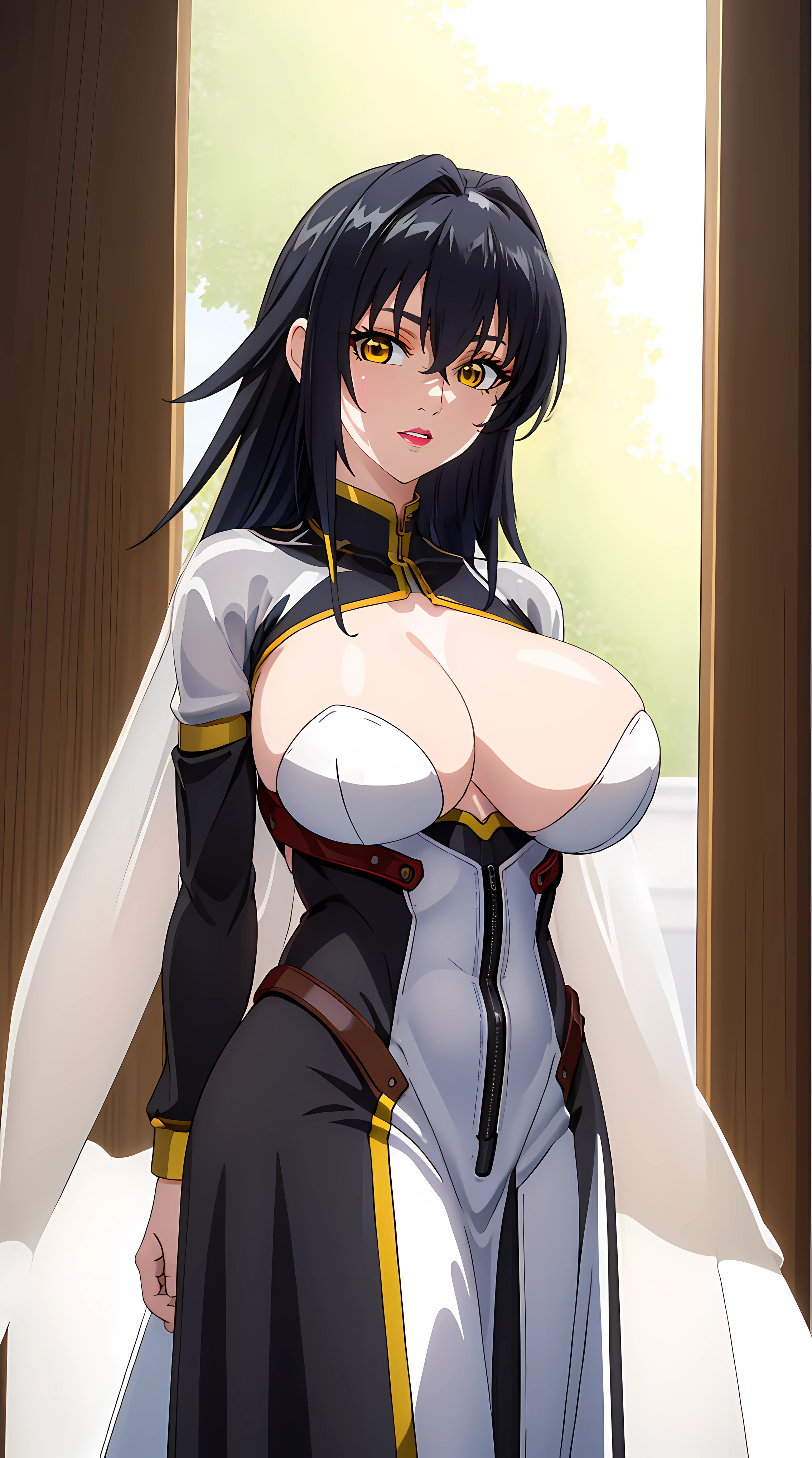 simple background, (((happy face, looking at viewer, smile))), (solo:1.5),
Annerose, close up shot, looking at viewer, stand close,
bunnysuit, black outfit, front view,
 black_hair,yellow_eyes, ((long_hair, hair intakes)),
1 girl, 35 years old,mature female,Beautiful Finger,Beautiful long legs,Beautiful body,Beautiful Nose,Beautiful character design, perfect face, slim body, (big_yellow_eyes:1.0),
NSFW,official art,extremely detailed CG 8k wallpaper, perfect lighting,Colorful, Bright_Front_face_Lighting,
(masterpiece:1.0),(best_quality:1.0), ultra high res,4K,ultra-detailed,
photography, 8K, HDR, highres, absurdres:1.2, Kodak portra 400, film grain, blurry background, bokeh:1.2, lens flare, (vibrant_color:1.2)
(Beautiful,large_Breasts:1.4), (beautiful_face:1.5),(narrow_waist),