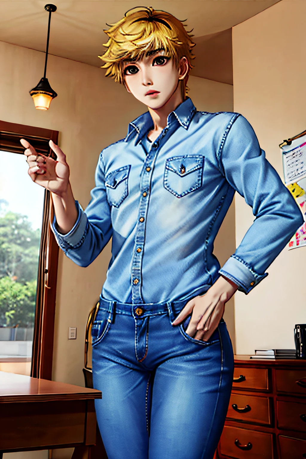 master part, best quality, fotorrealista, 1st grade, sozinho, Foco masculino, Olhando para o Viewer, parte superior do corpo, , Hideyoshi_Nagachika, blonde hair, olhos castanhos, , jeans jeans, , ,