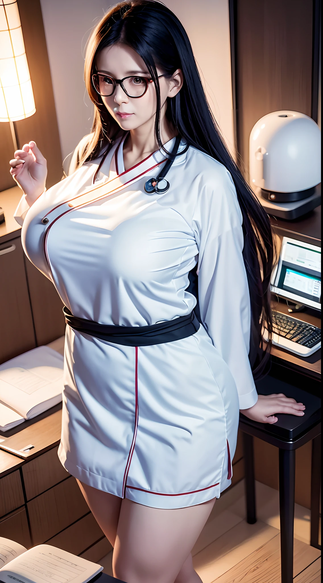 only 1 milf, mature female doctor standing, Japanese, black long hair, very white and nice and smooth skin, wearing white female doctor Doctor's gown, wearing white female doctor Doctor's uniform, age of 38, perfect curve of female body, a little bit chubby, huge breast and huge buttocks, nice curve of woman, interior, random poses, very attractive, background is in a treatment room of a clinic with patient's bed and female doctor's working table and notebook computer, wearing glasses