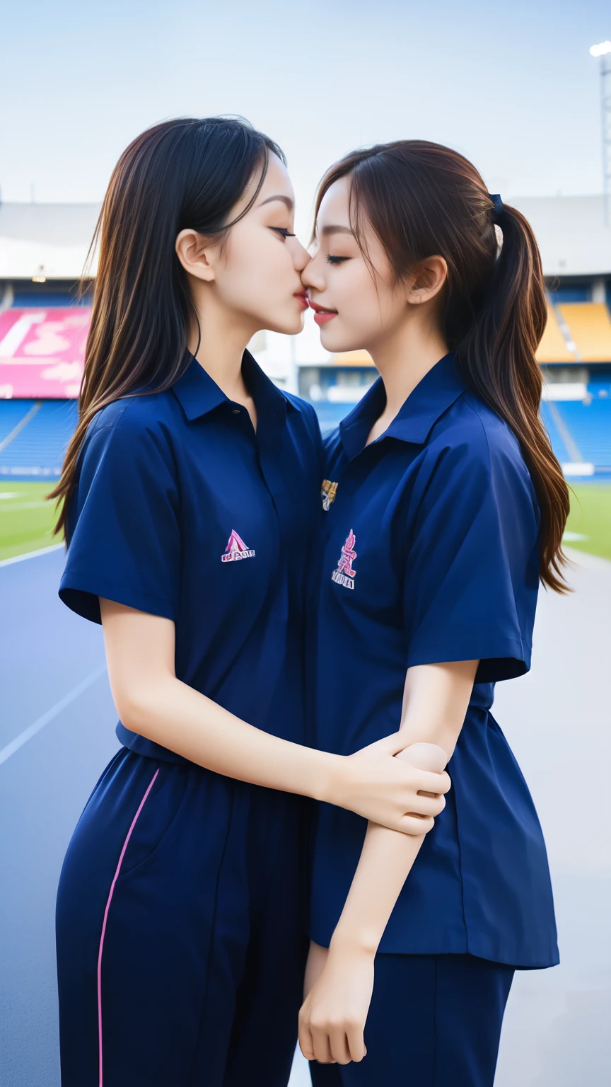 (bestquality,10,10,highres,masterpiece:1.2),ultra-detail,(Realistic,photorealistic portrait,photo-realistic:1.37),1 Cute girl in the football field,oily shiny skin,bara,light smile,BDclothes,((blue shirt:1.3)),short sleeves,Shirt, trousers.,(navy_long_Pants Track:1.1), ((Stadium Background:1.3)),dynamic angle,excited,face focus,Dynamic Poses,from behide,Ass Focus,masterpiece, bestquality, ultra realistic, hyper-detail, 8k resolution, RAW photo, crisp focus, ((Navy blue shirt:1.1)), short sleeves, Long Path, Perfect body, 2 mature women, 18yo, cinematic light,Blue sweatpants,Gymware,Correct anatomy,Complete body, Correct body, sharp face, Anatomically correct body, full entire body, Realistic gestures, long-haired, Realistic poses,Wear long shorts..,Long leg span,Shapely,Sculpting Girl, 2 girls kissing each other, Realistic kissing, mannequin mannequins, Wear blue sweatpants., Slim figure