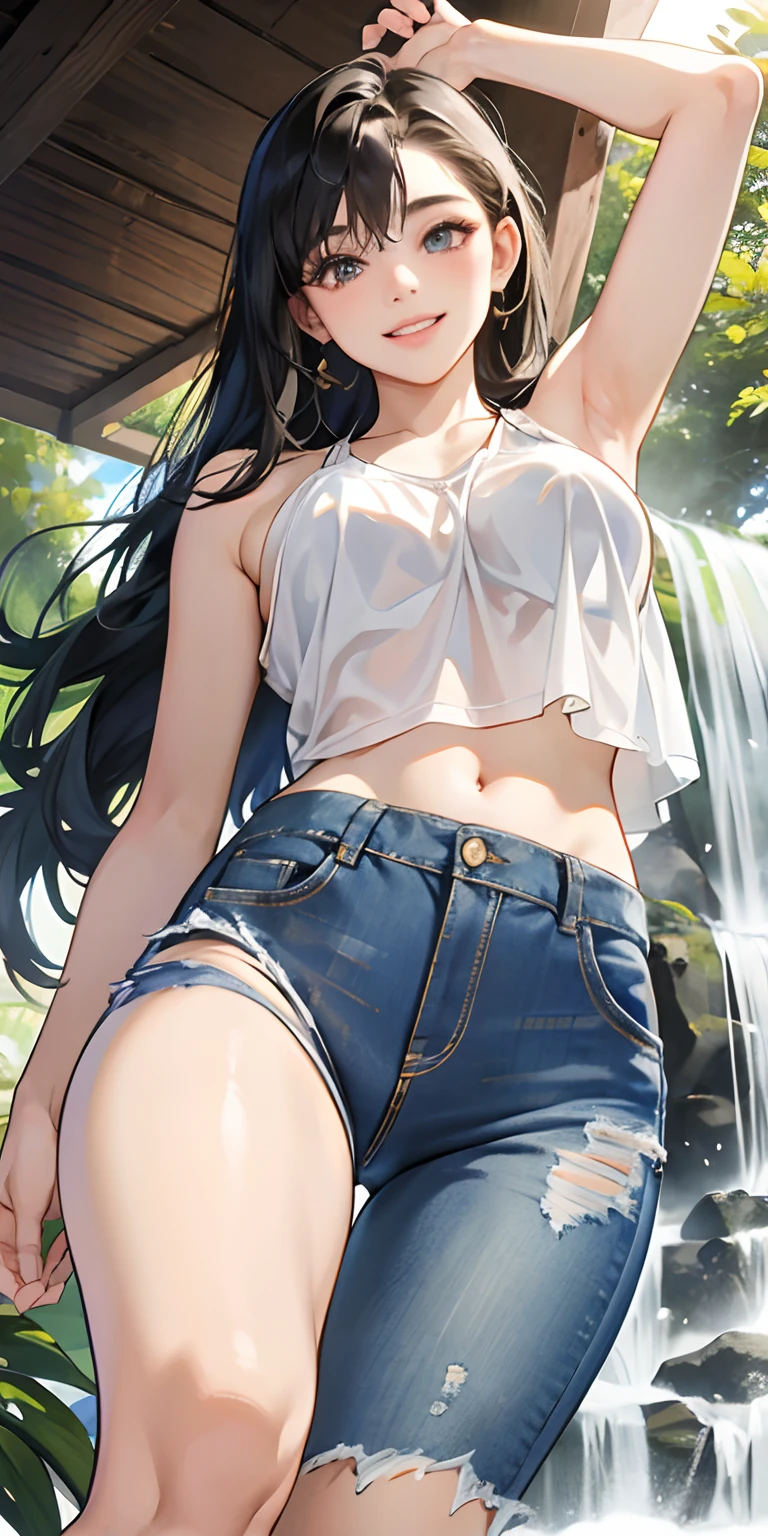 realisticlying、 girl、show through、Dynamic close-up of waterfall from below、Bikini Wearing、Wearing lower body denim shorts、Breasts enlarged、Buttock emphasis、Sexy Posing、Smile