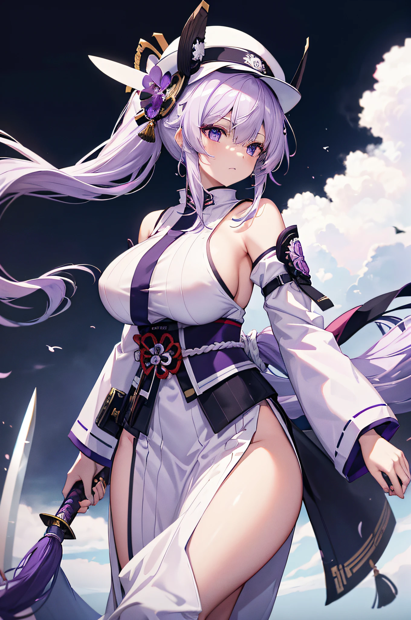 4K.hight resolution,One Woman,slightly white purple hair,Long ponytail,huge tit,White samurai clothes,no sleeves,White hat,knifes,uni