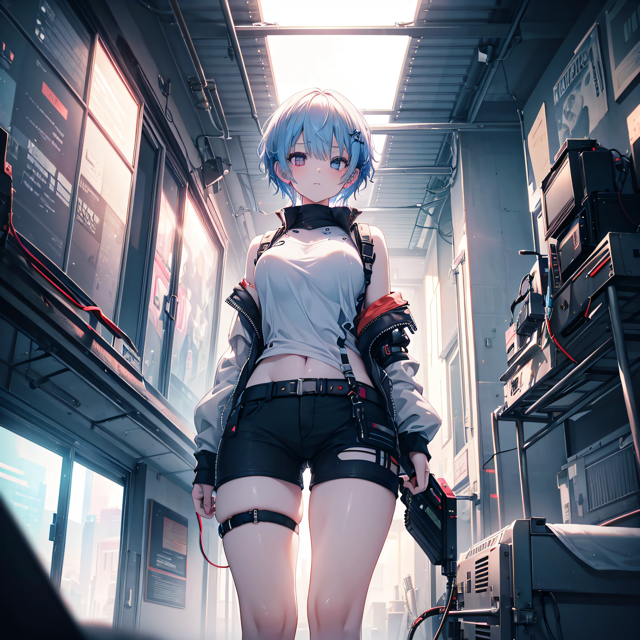 girl with tricolor hair, heterochromic eyes, facial piercings, cyberpunk, low-cut translucent white short shirt, short spiked shorts, mechanical legs, medium breasts, big ass, (ambient light: 1.5), (view from below that focuses on the character, photography expansively), ultra quality, (8k rendered photography), (ultra detailed), (refined strokes), (highest quality), (warm lighting: 1.2), portrait, dreamy, magical, (solo:1.2)