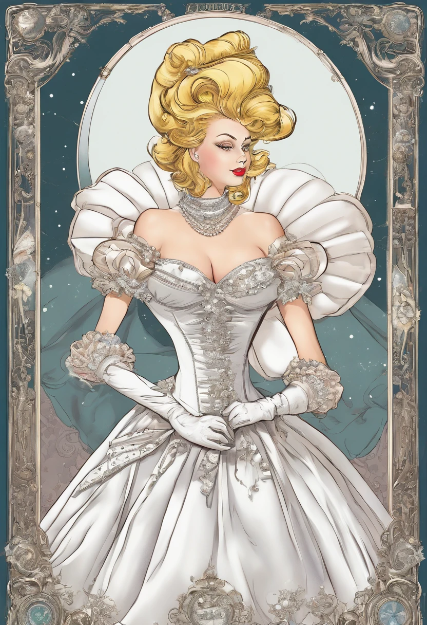 John Tenniel art, A stunningly beautiful blonde fairytale Princess shining with Royal Pomp and Regal Splendor, wearing a Stately and (((Elaborate))) Royal Cinderella Ballgown of Silver and White Brocade, with (((enormous puffed sleeves))) a stiffly boned, padded and corseted bodice, an hourglass waist, a (((huge crinoline hoopskirt))) and (((bustle))), adorned with ribbons, bows, roses, lace, ruffles, frills, embroidery, and jewels, elaborately curled and styled hair, long white gloves, pearl and diamond necklace and earrings