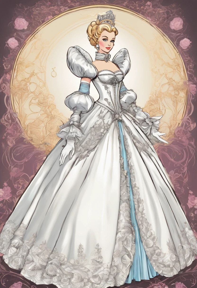 John Tenniel art, A stunningly beautiful blonde fairytale Princess shining with Royal Pomp and Regal Splendor, wearing a Stately and (((Elaborate))) Royal Cinderella Ballgown of Silver and White Brocade, with (((enormous puffed sleeves))) a stiffly boned, padded and corseted bodice, an hourglass waist, a (((huge crinoline hoopskirt))) and (((bustle))), adorned with ribbons, bows, roses, lace, ruffles, frills, embroidery, and jewels, elaborately curled and styled hair, long white gloves, pearl and diamond necklace and earrings